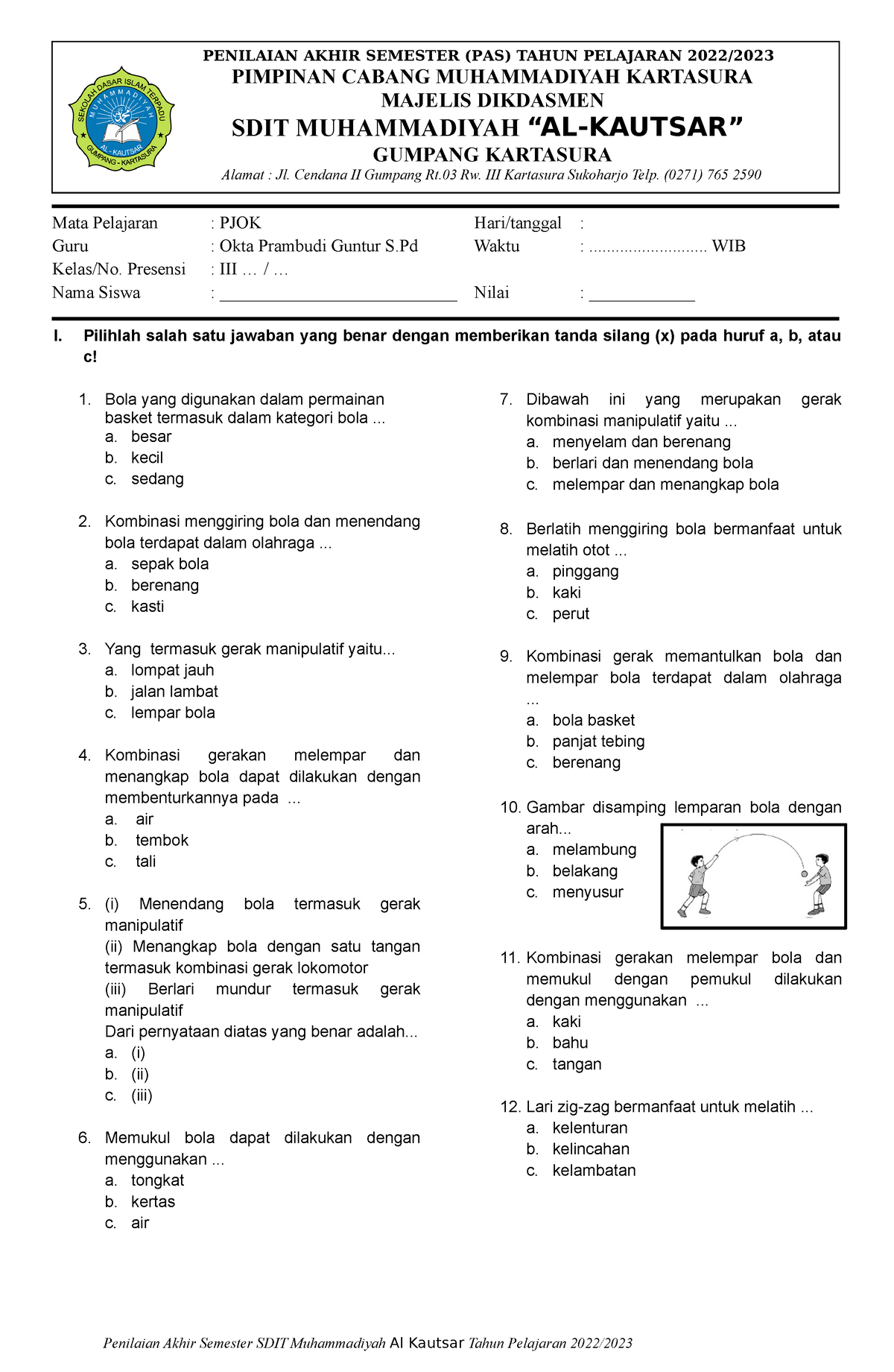 Soal PJOK PAS Kelas 3 - Soal Penilaian Akhir Semester - Mata Pelajaran ...