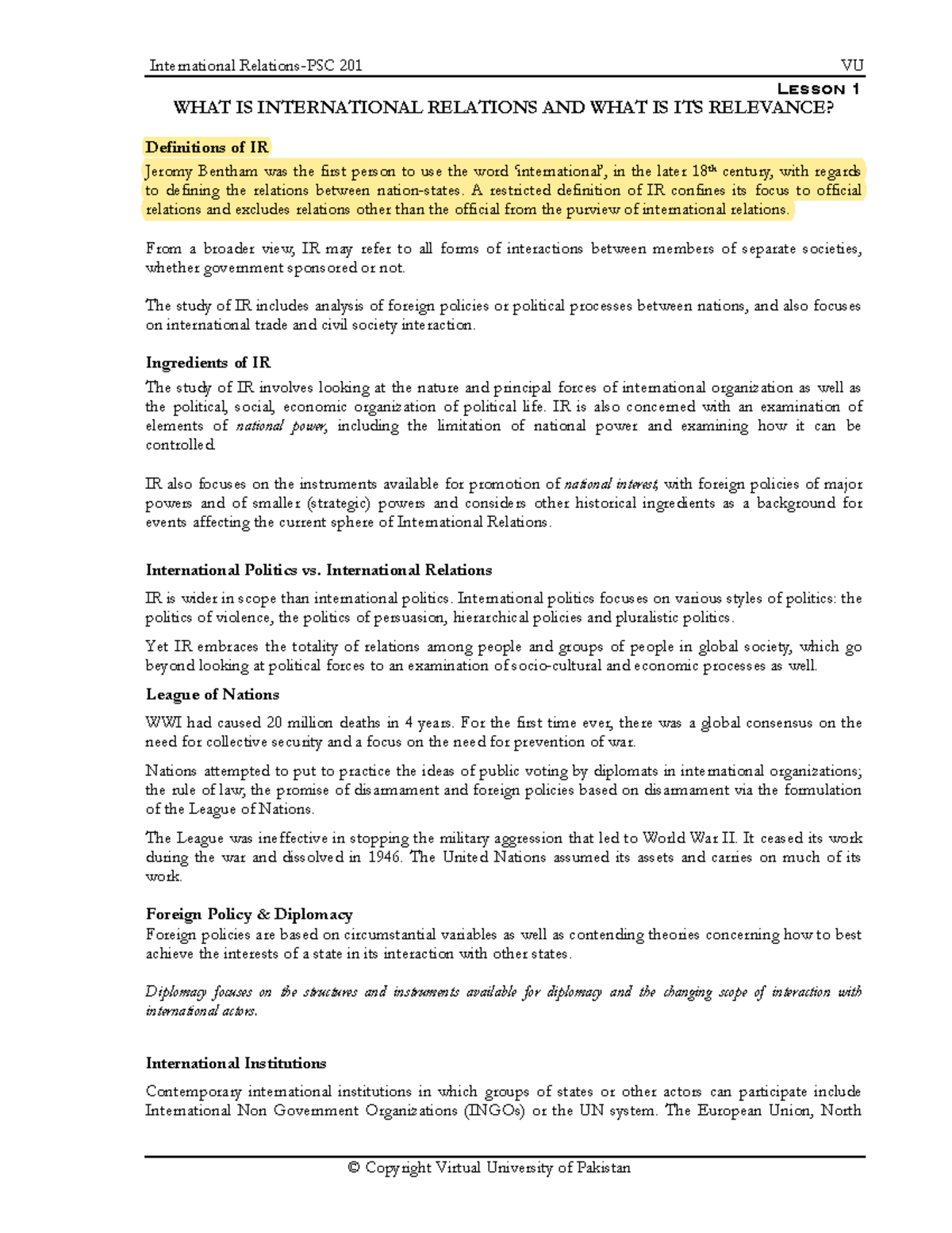 PSC201 - International Relations - Lesson 1 WHAT IS INTERNATIONAL ...