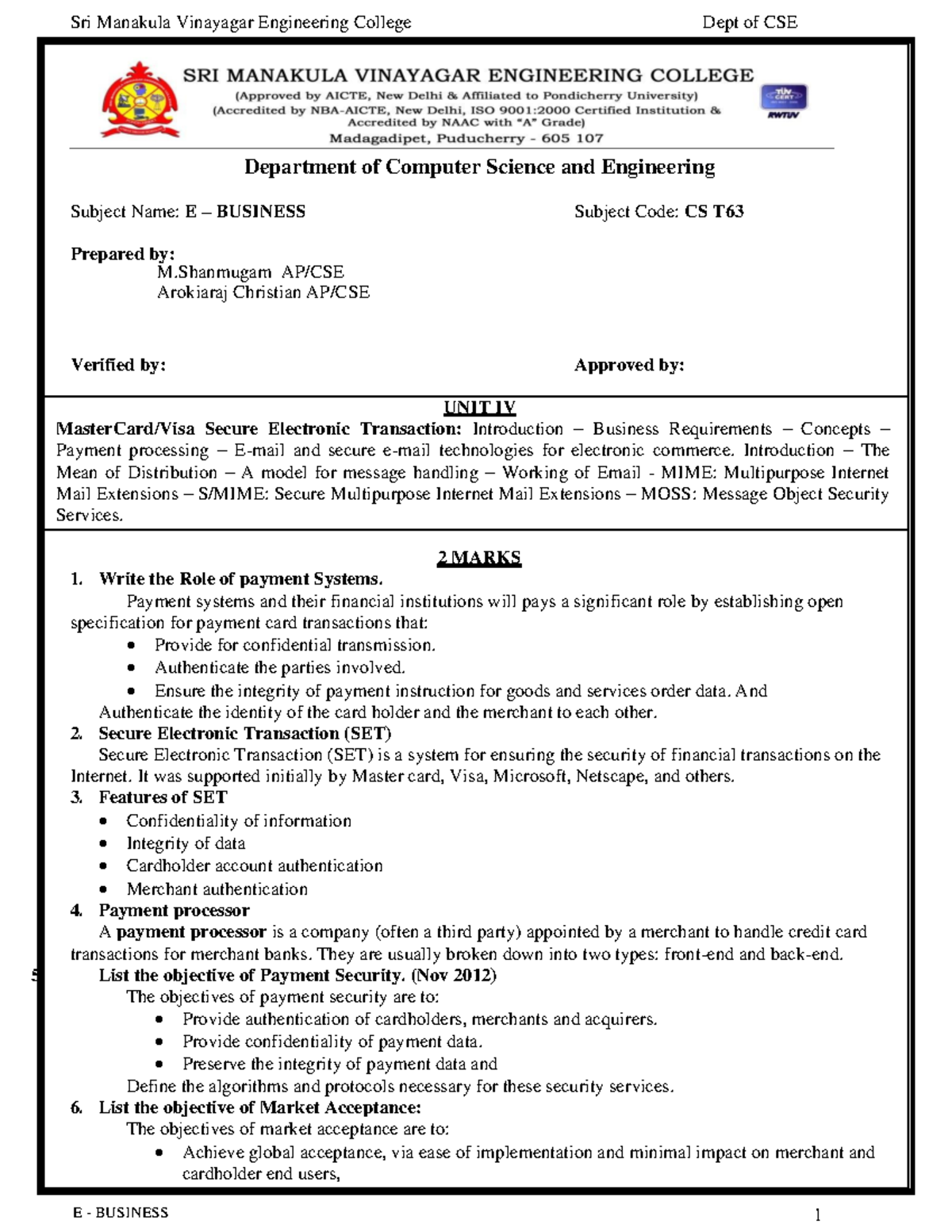 UNIT IV - E Commerce Lecture Notes - Department of Computer Science and ...