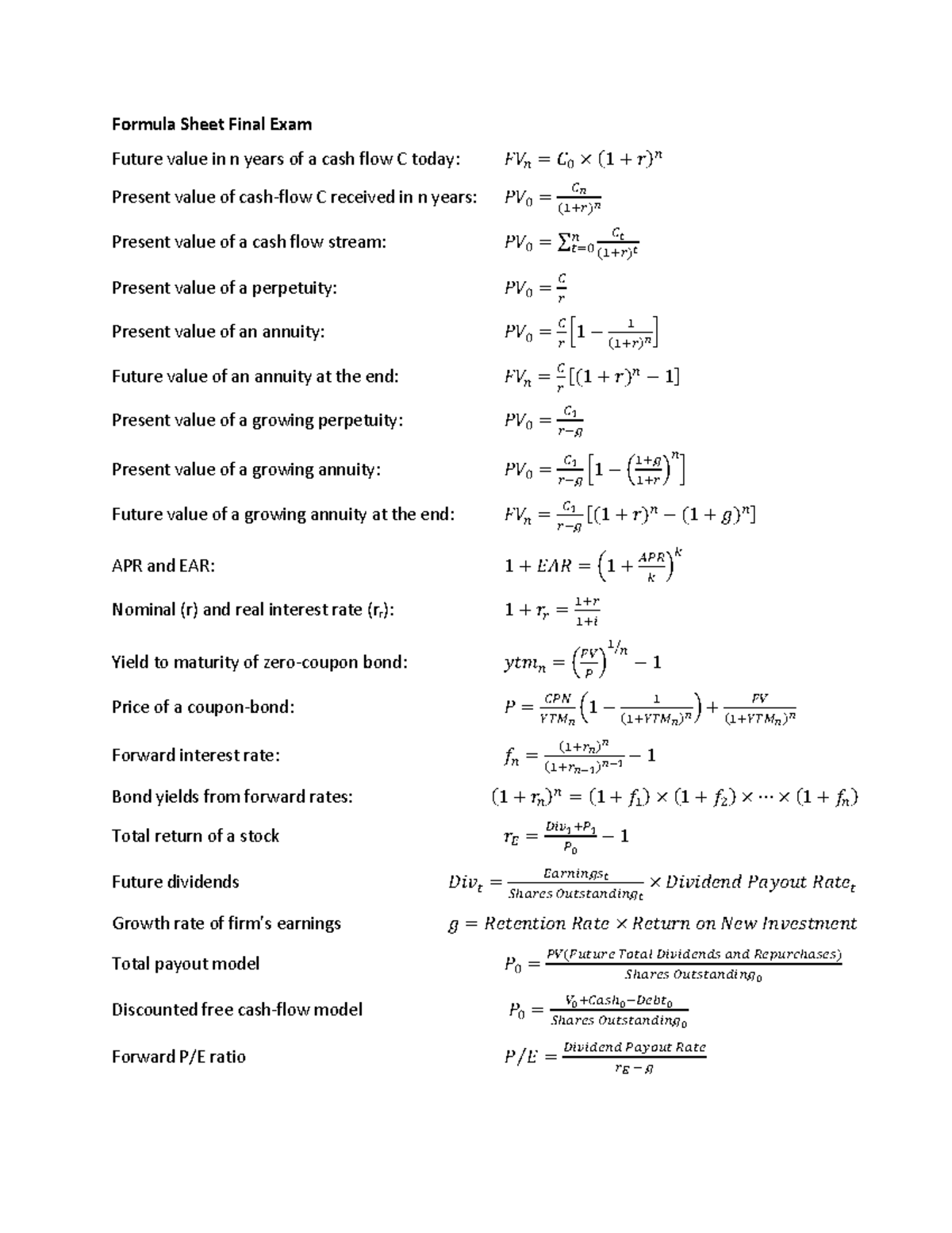 Final formula sheet Formula Sheet Final Exam Future value in n years of a cash flow C today