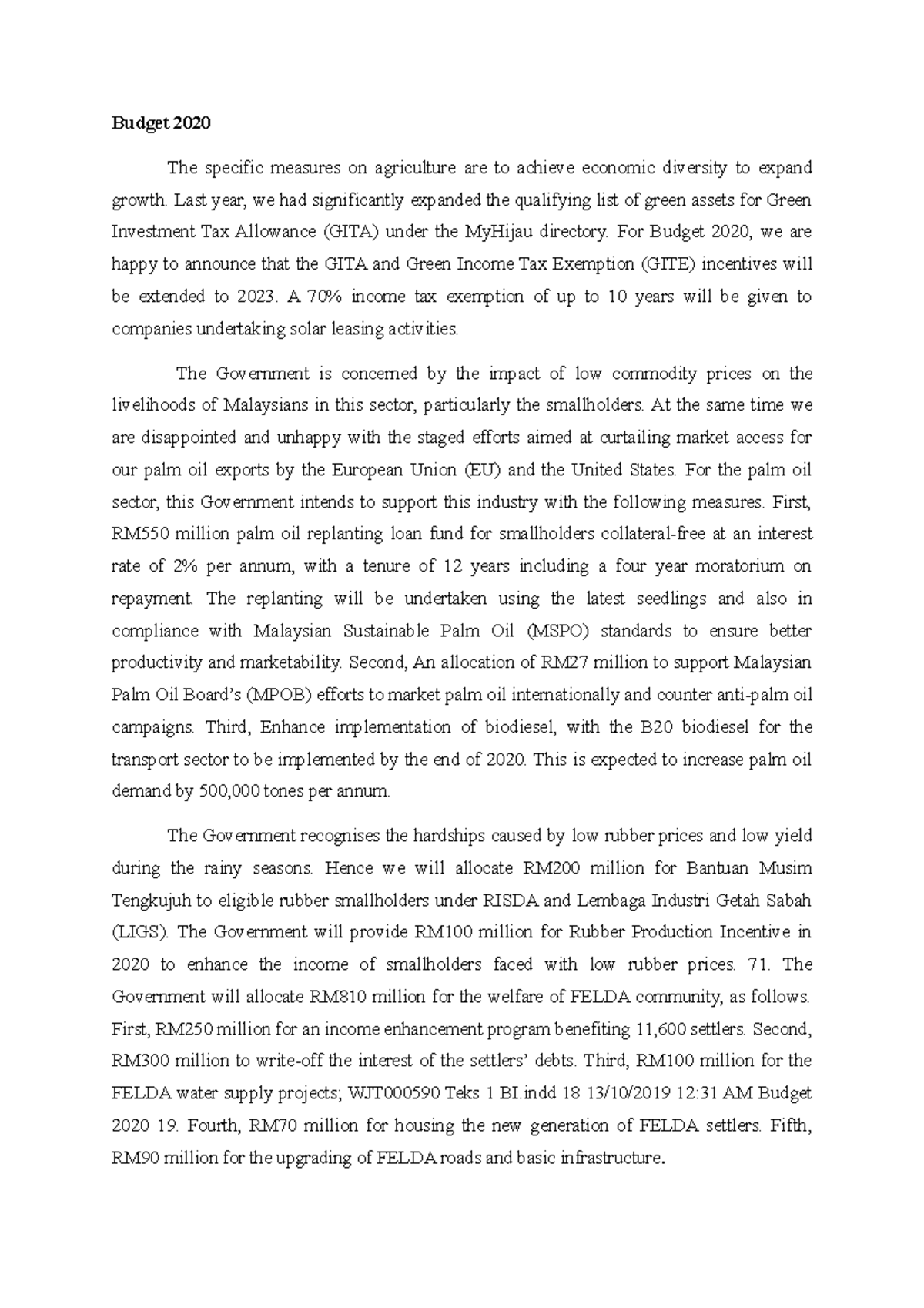 Budget 2020 Agriculture Budget 2020 The Specific Measures On Agriculture Are To Achieve Economic Studocu