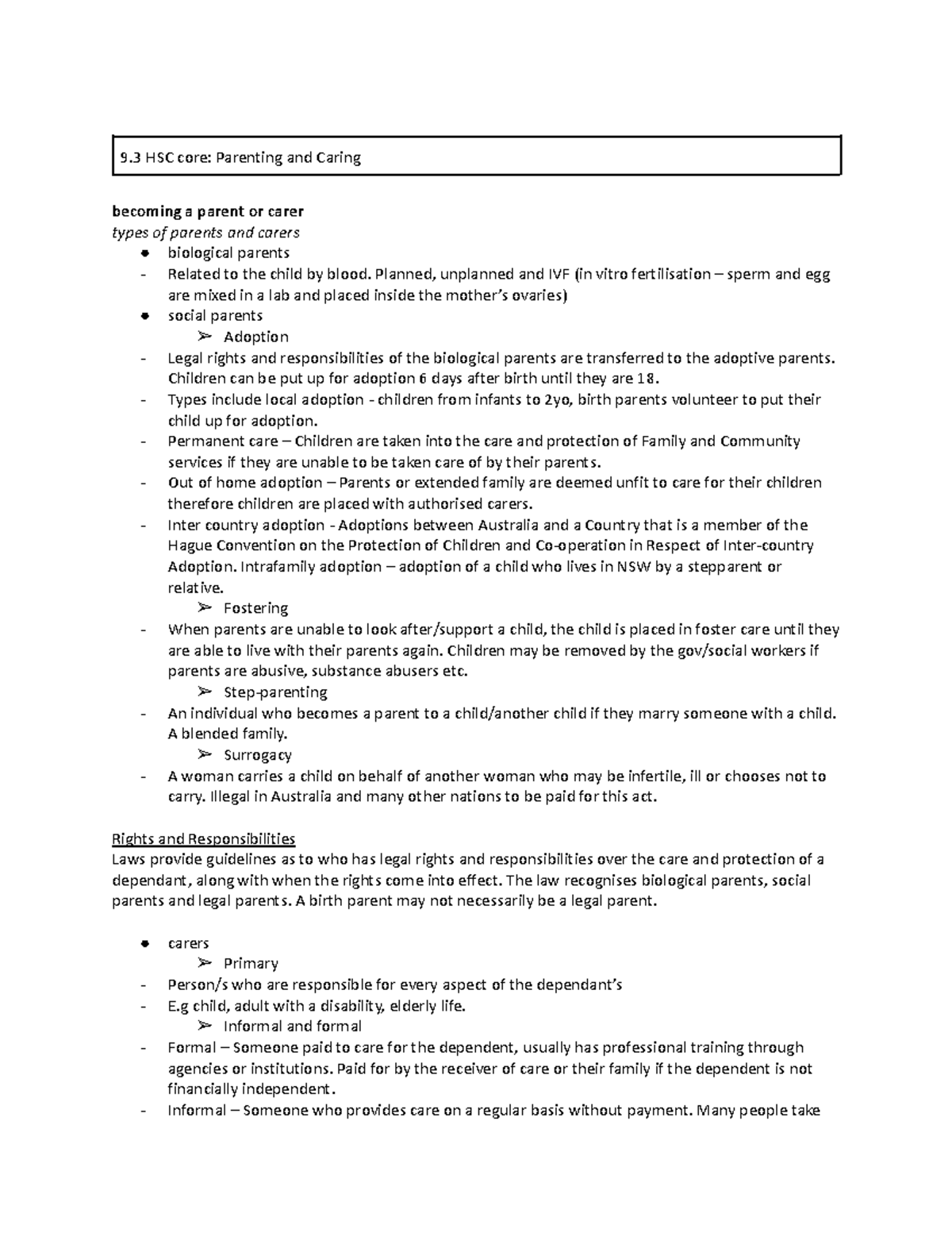 Cafs notes - 9 HSC core: Parenting and Caring becoming a parent or ...