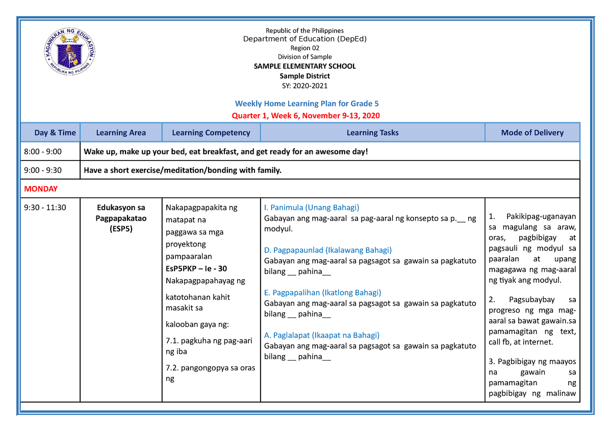 Grade 5 All Subjects Whlp Q1 W6 Weekly Home Learning Plan For Grade 5 Quarter 1 Week 6 7705