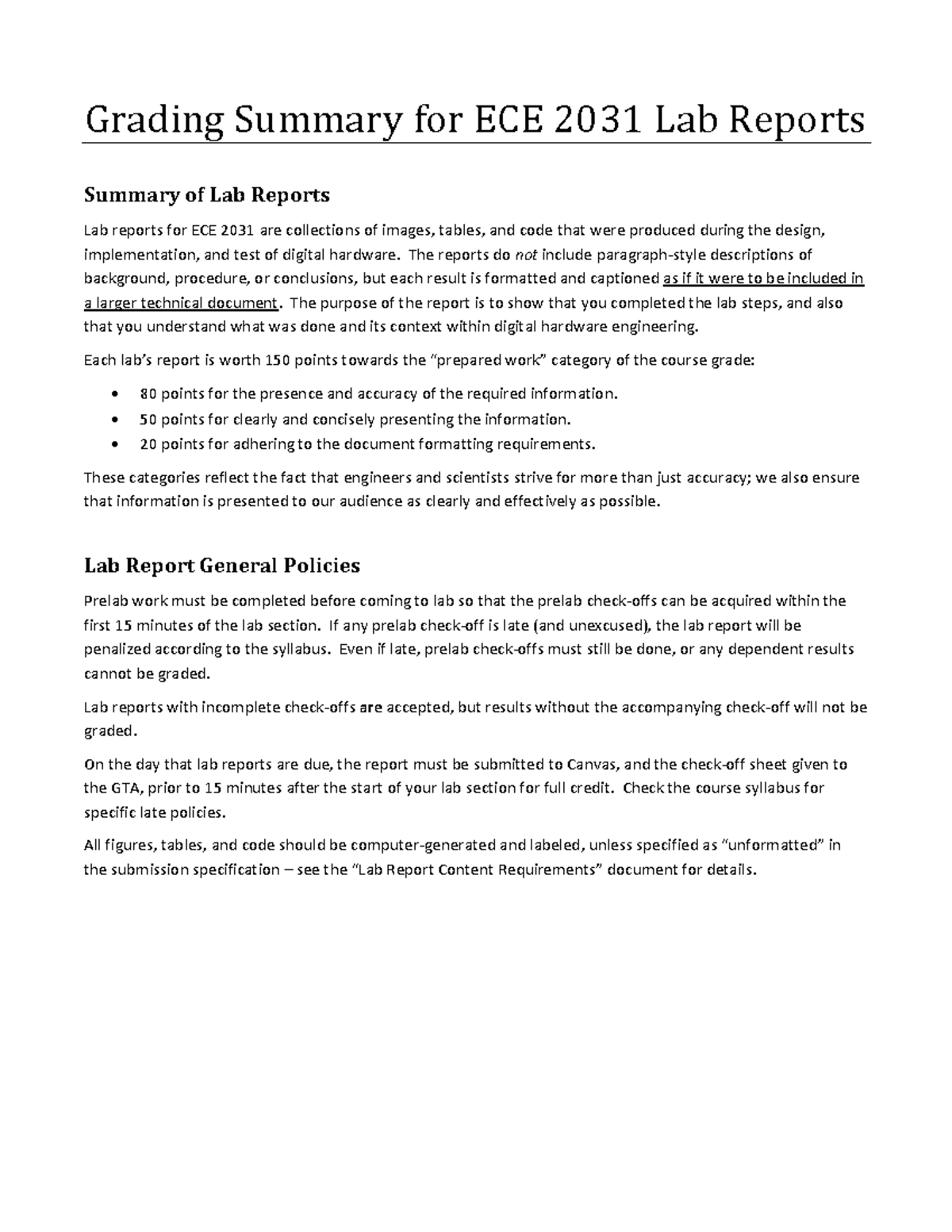 Lab Grading Rubric Grading Summary for ECE 2031 Lab Reports Summary