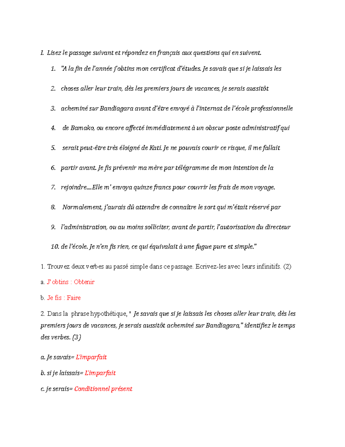 F309 4 - Hw 4 - I. Lisez Le Passage Suivant Et Répondez En Français Aux ...