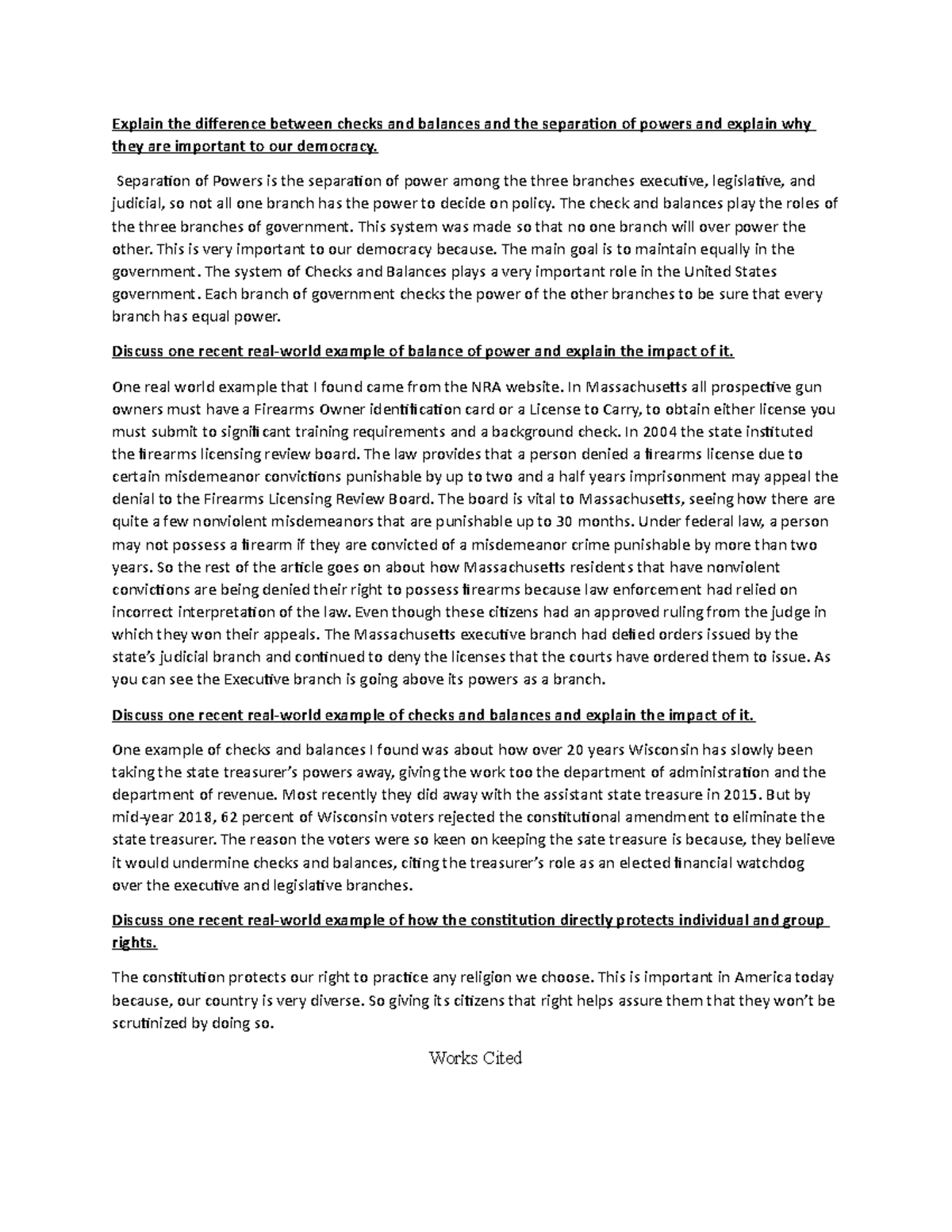 Week One Discussion Explain The Difference Between Checks And Balances And The Separation Of 