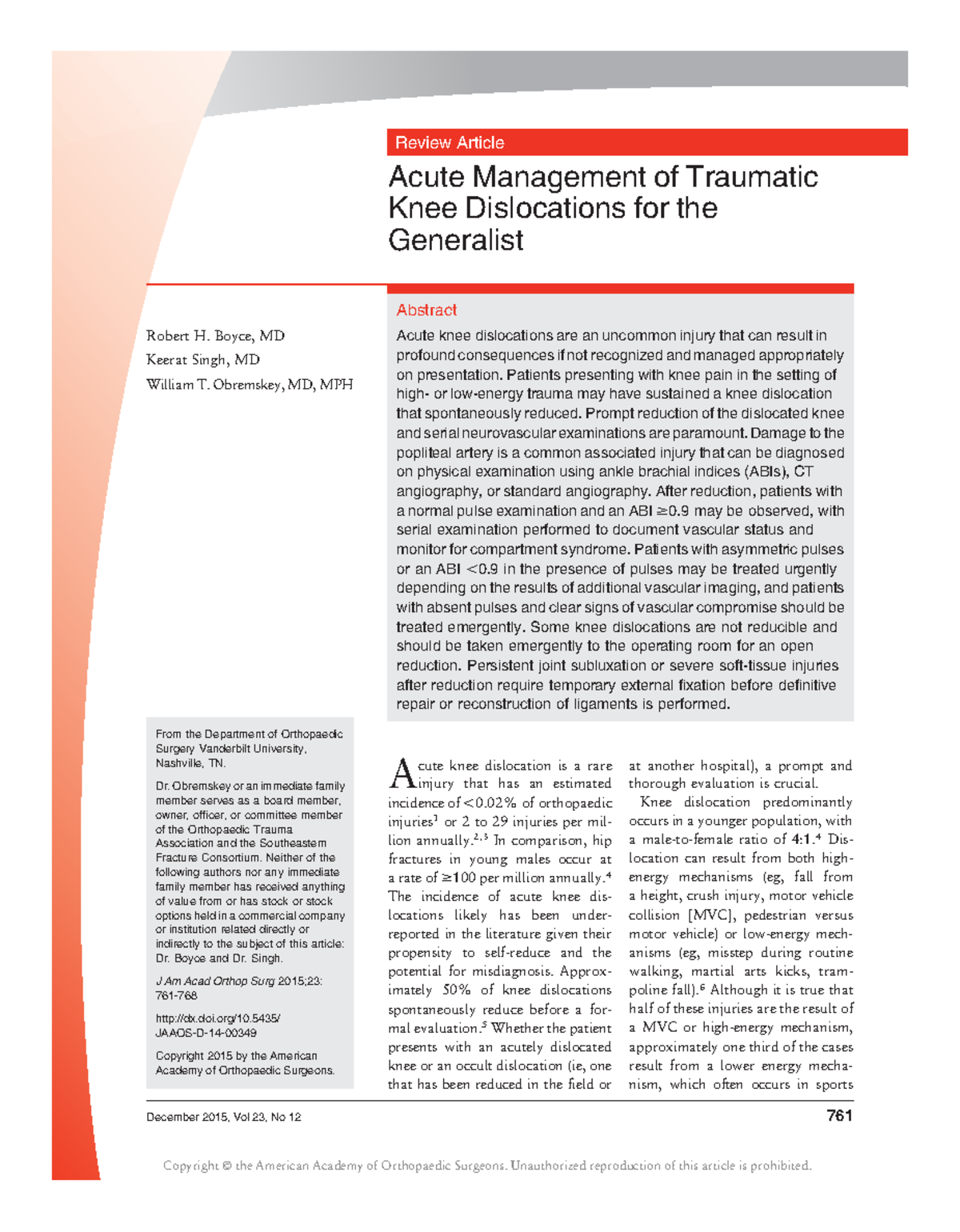 Acute Management of Traumatic Knee Dislocations for the Generalist ...