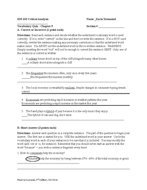 Comprehension Test Answer Sheet - IDS 102 Name _Zaria Townsend Reading ...