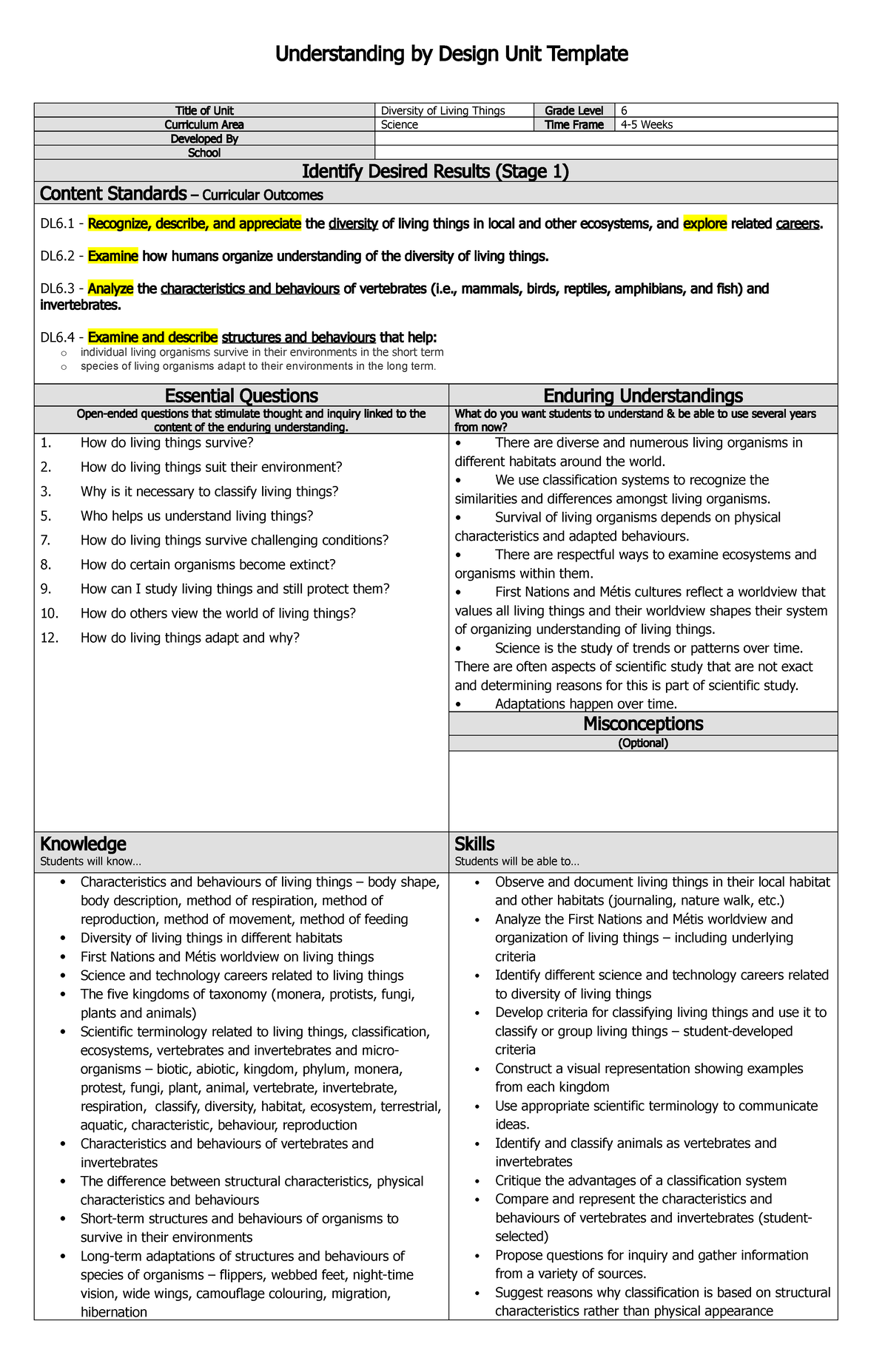 SCI UN RL GR6 Diversityof Living Things - Understanding by Design Unit ...