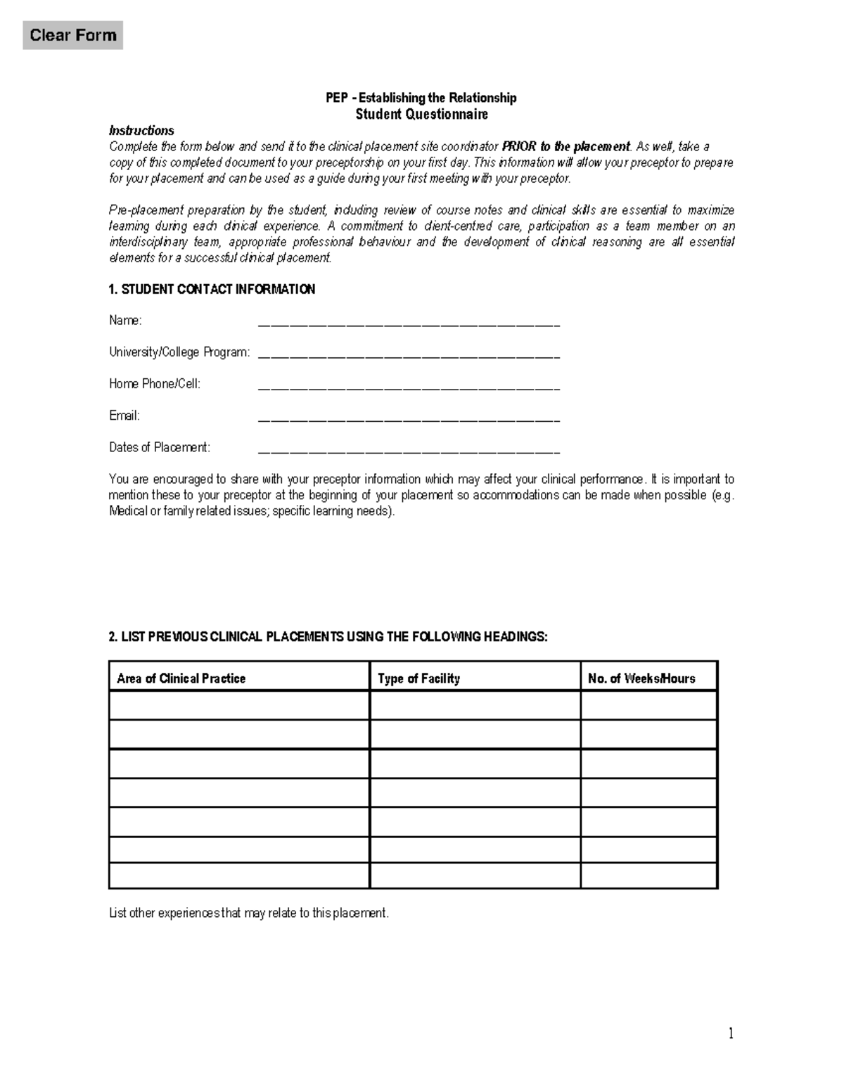 NSG 4245 PEP+Student+Questionnaire - 1 PEP - Establishing the ...