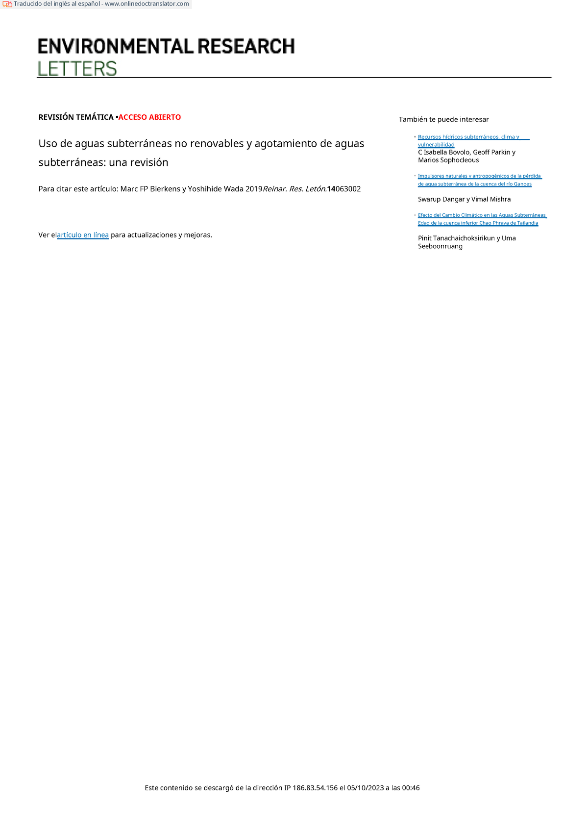 Non renewable groundwater use and groundwater depletion REVISIÓN TEMÁTICA ACCESO ABIERTO