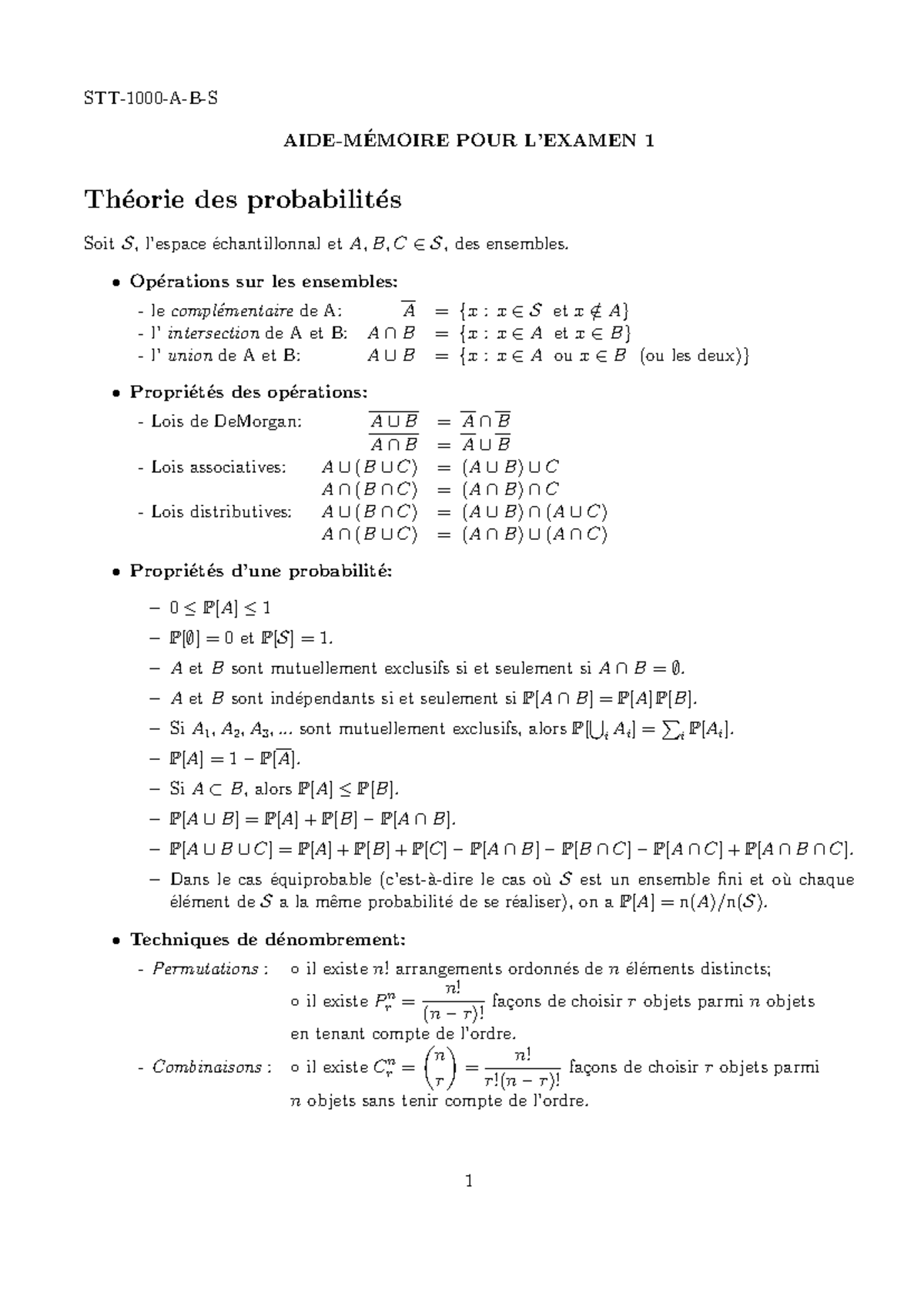 Formules Examen 1 - STT-1000-A-B-S AIDE-M ́EMOIRE POUR L’EXAMEN 1 Th ...