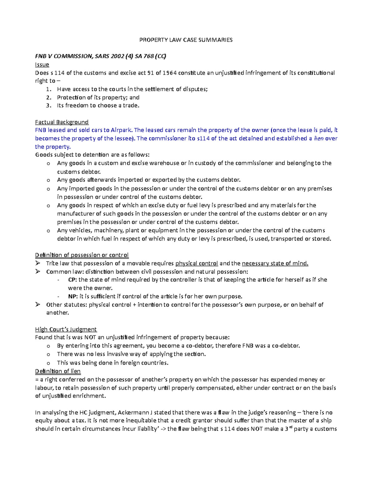 Property LAW CASE Summaries PROPERTY LAW CASE SUMMARIES FNB V