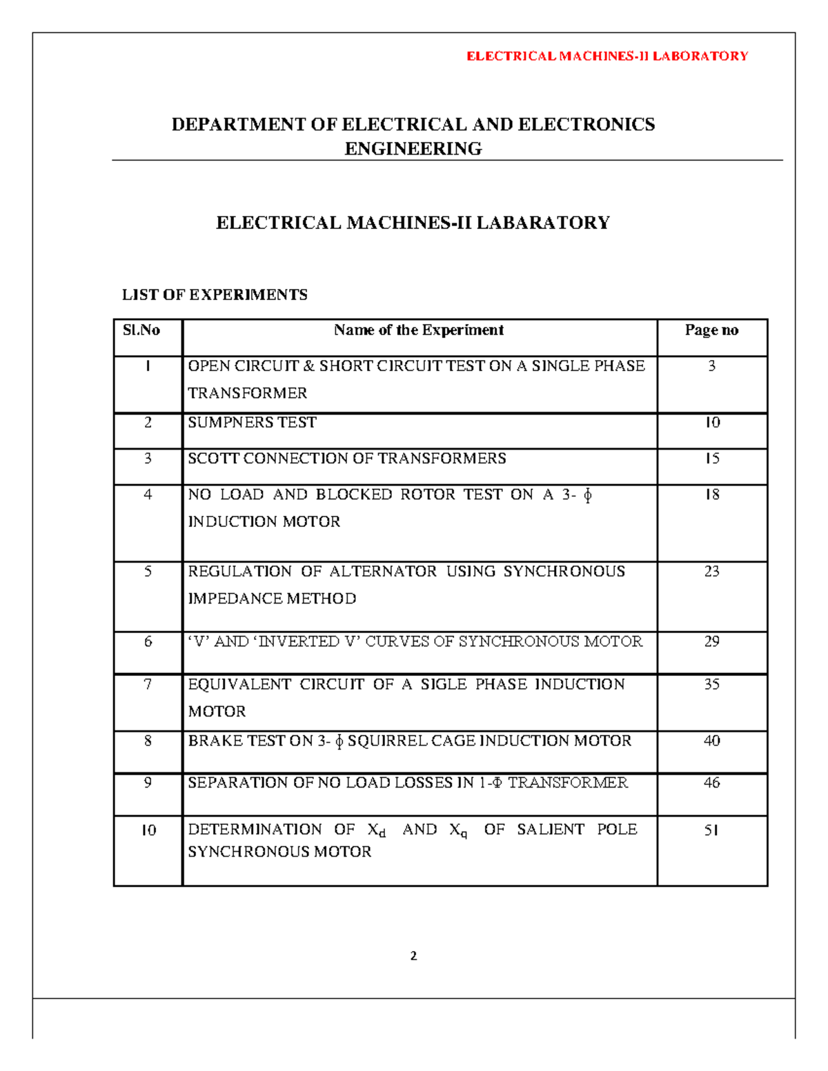 Electrical MachinesII LAB Manual DEPARTMENT OF ELECTRICAL AND ELECTRONICS ENGINEERING