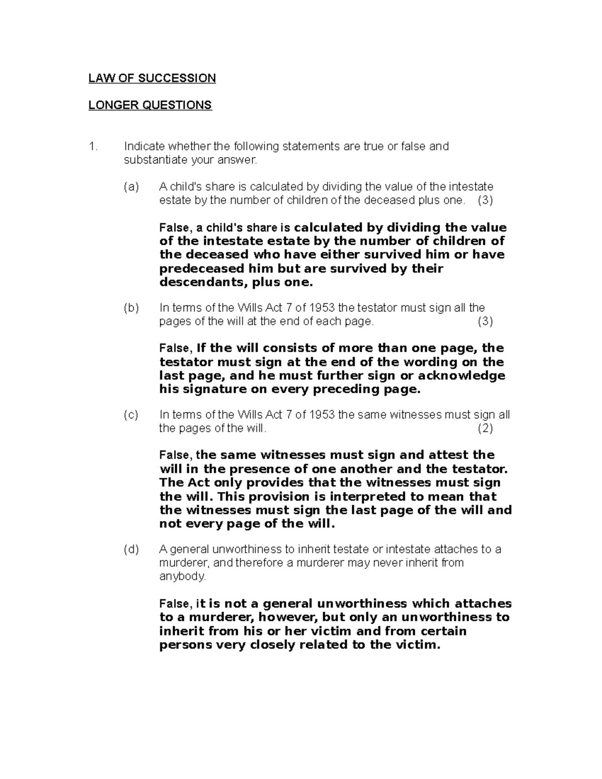 Exam 14 November 2018, questions and answers - LAW OF SUCCESSION LONGER ...