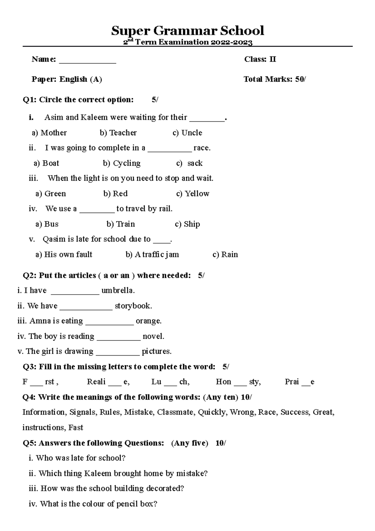 Class two 2 term - nill - 2 nd Term Examination 2022- Name ...