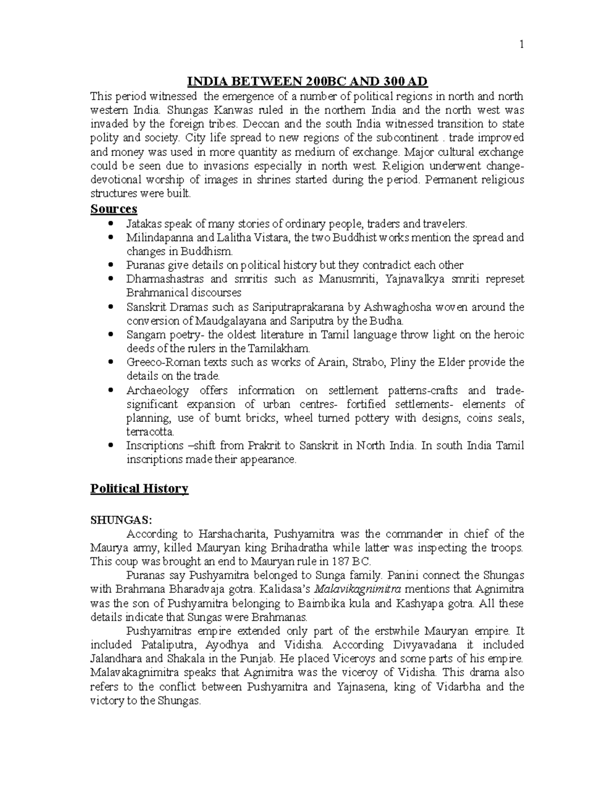 Inida 300bc to 200 ad notes for second semester BA History degree