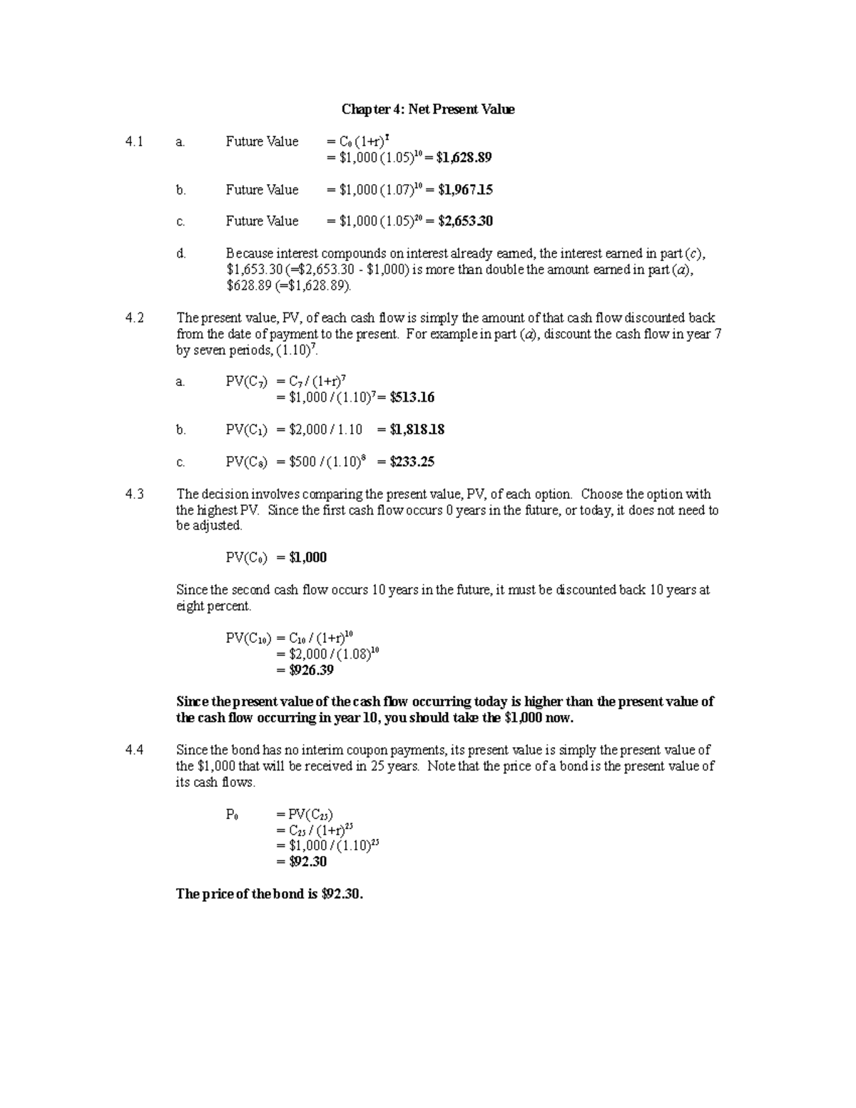 Chapter 4 with Solutions: NPV - Chapter 4: Net Present Value 4 a ...