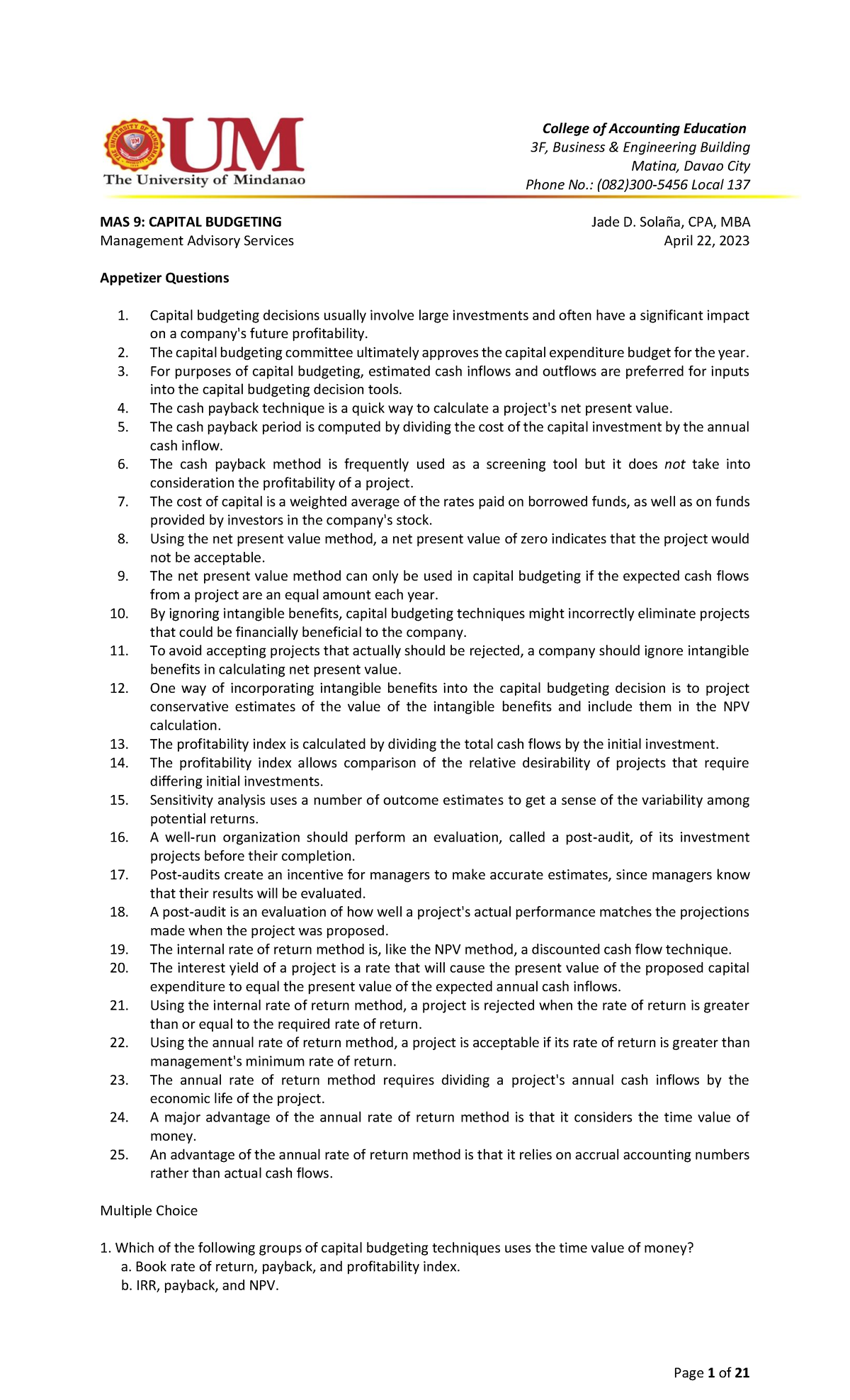 MAS 9 Capital Budgeting For Upload - College of Accounting Education 3F ...