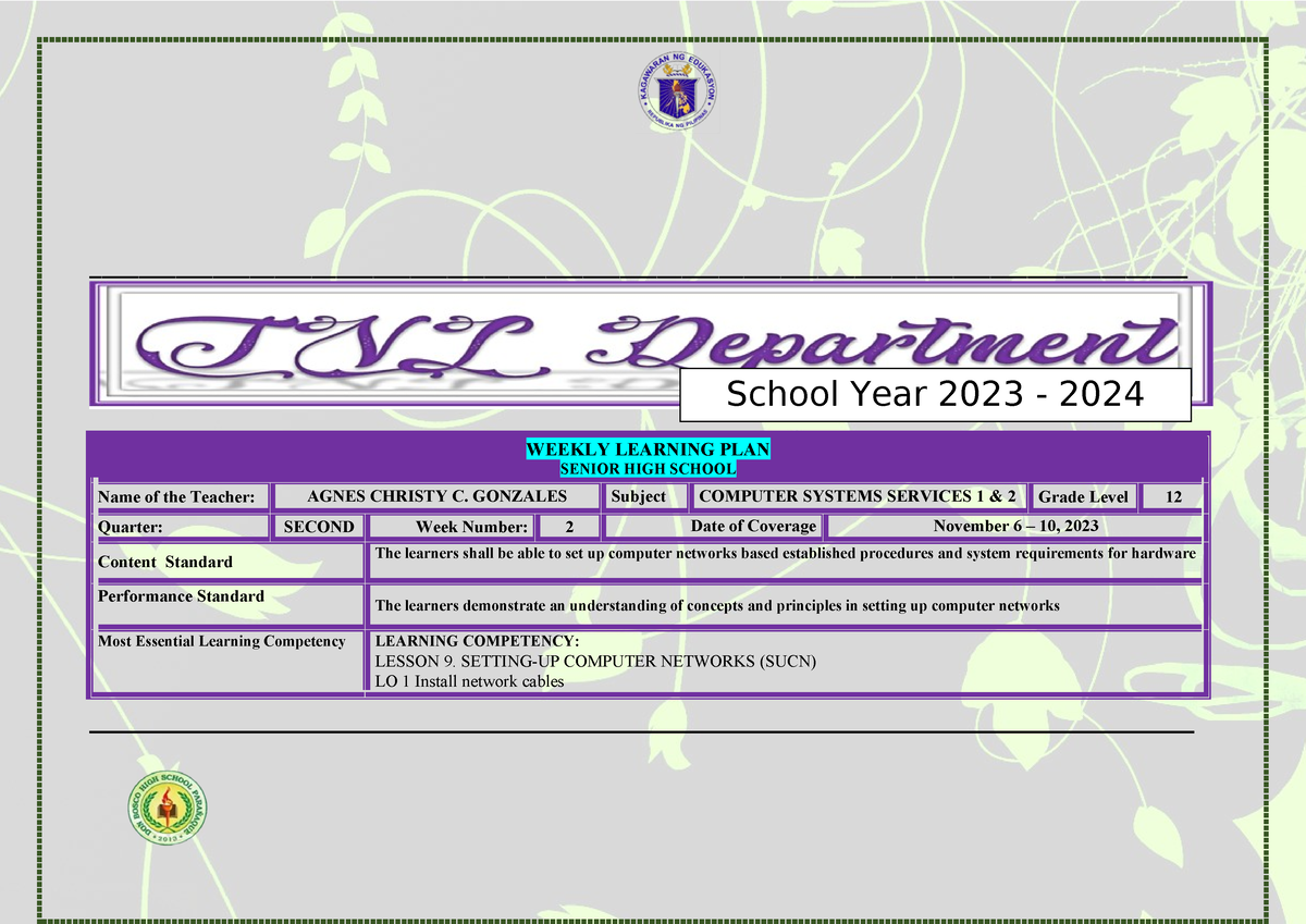 WLP Q2W2 CSS5&6 - WLP - WEEKLY LEARNING PLAN SENIOR HIGH SCHOOL Name Of ...