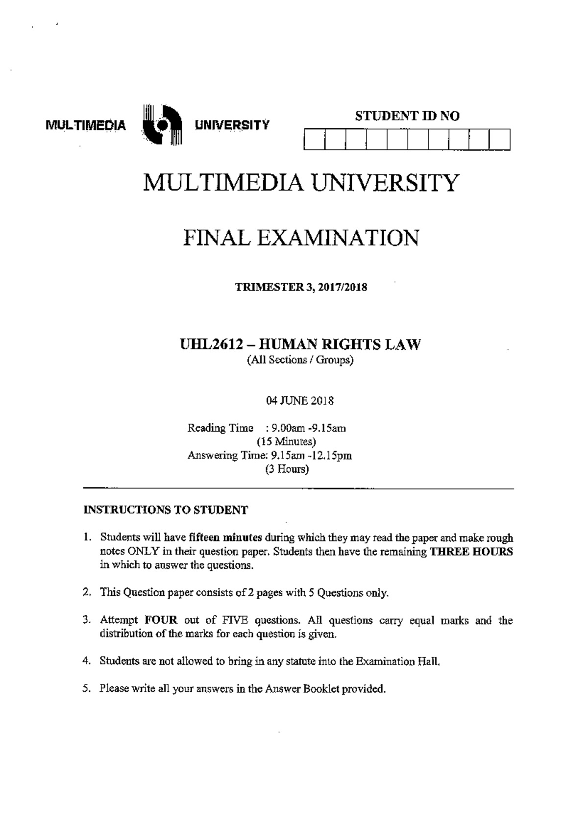 Human Rights Law UHL2612 Final Examination - Studocu