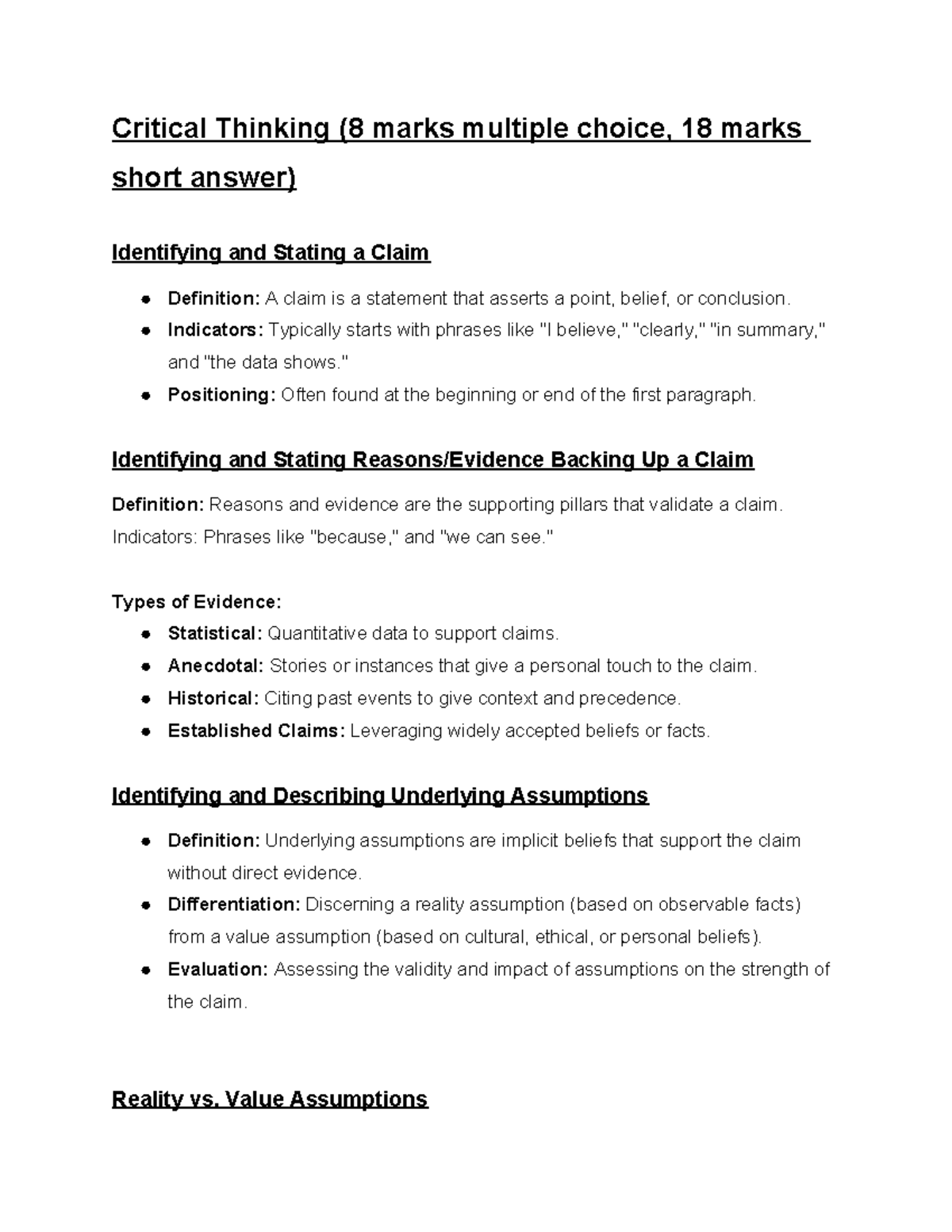 Crit Notes Final - Critical Thinking (8 marks multiple choice, 18 marks ...