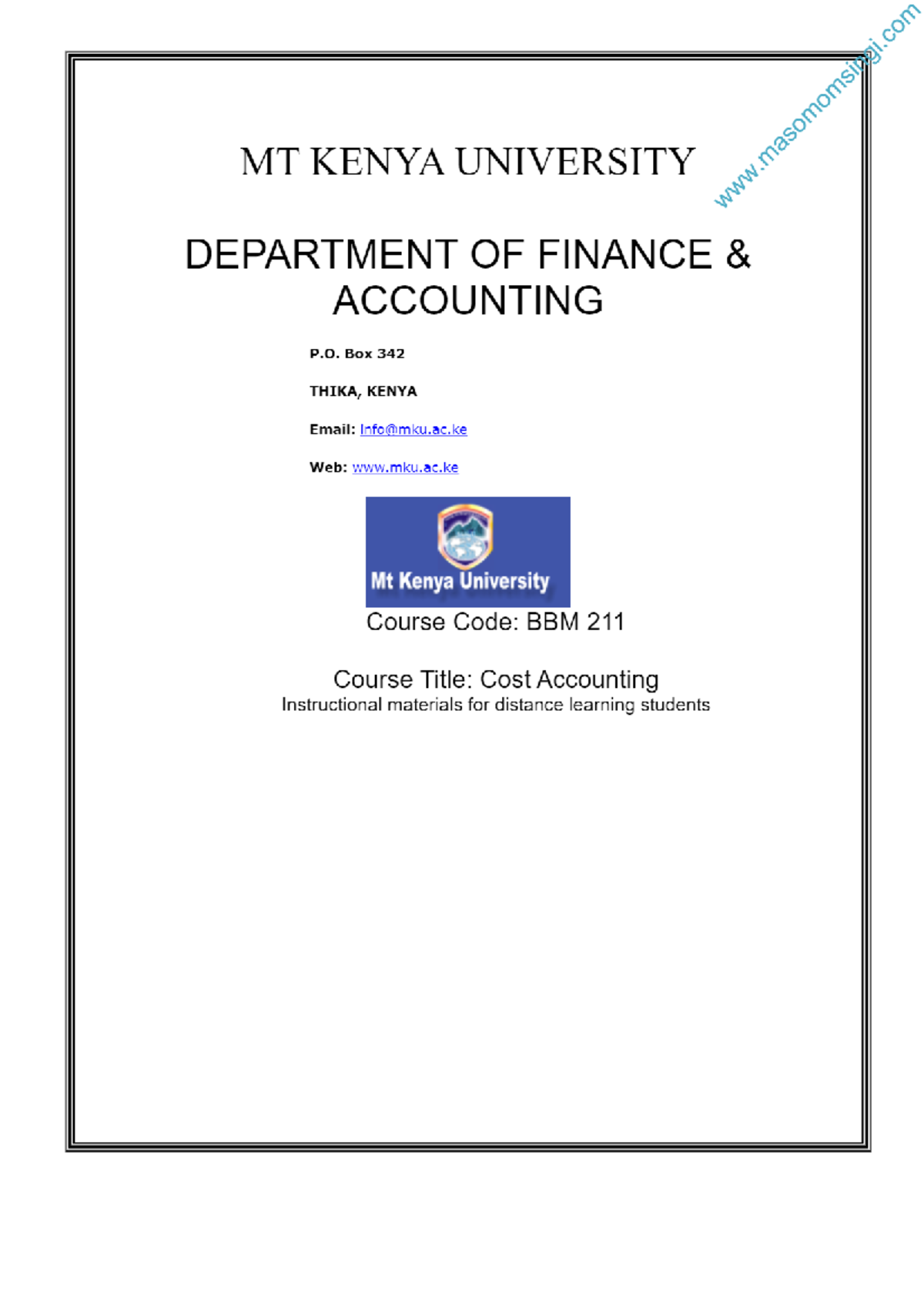 Cost Accounting Mount Kenya University (MKU) Notes PDF Masomo Msingi