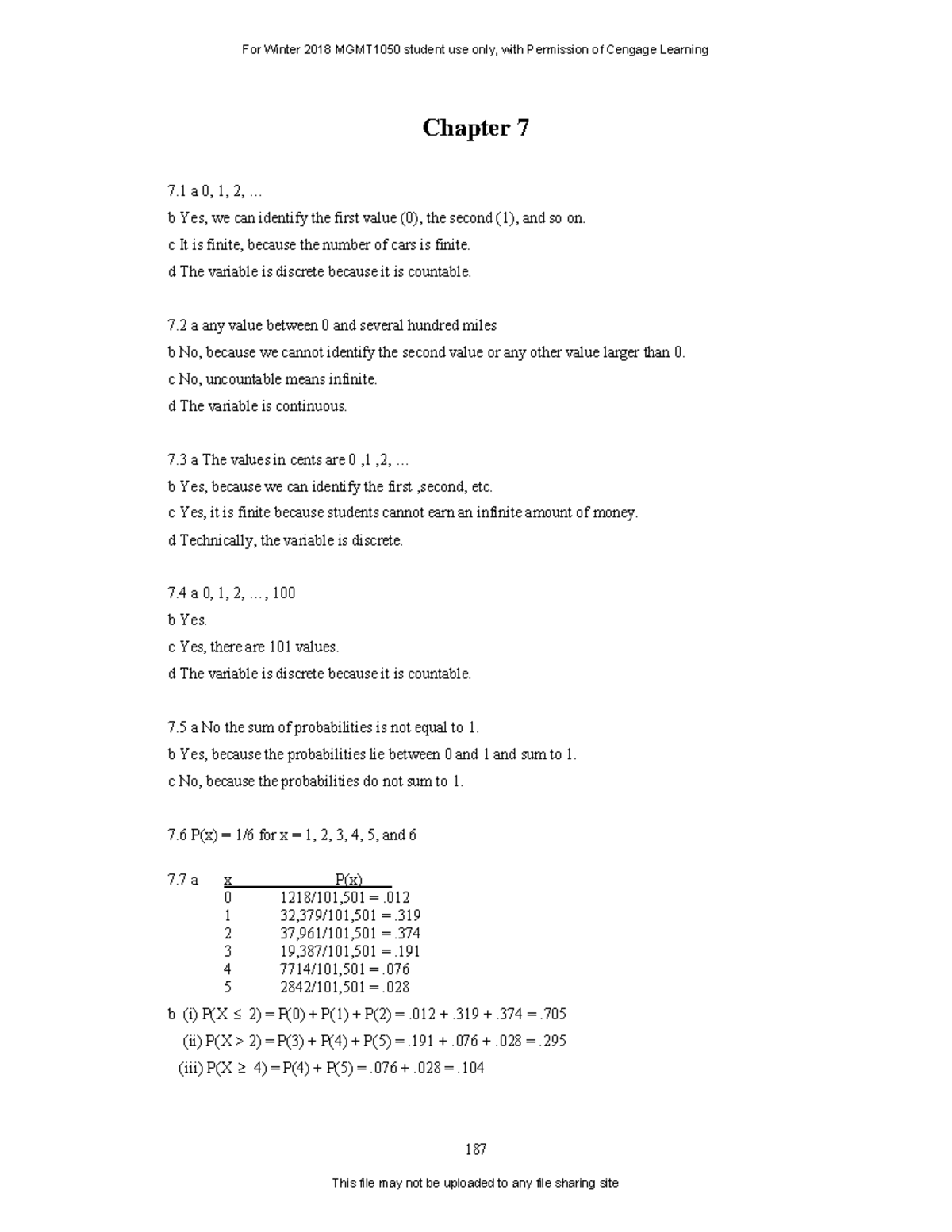 Chapter-7 Solutions - ####### 187 Chapter 7 7 A 0, 1, 2, ... B Yes, We ...