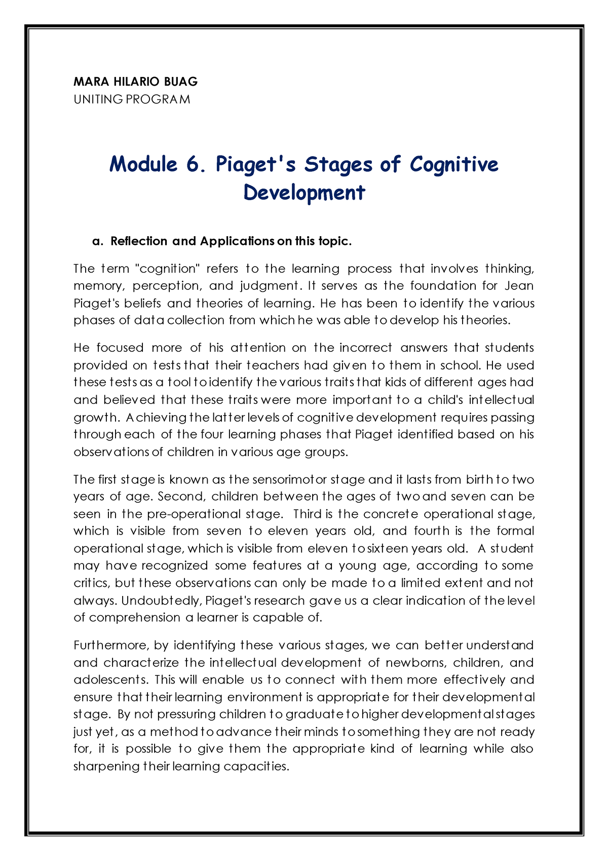 Module 6. Piaget s Stages of Cognitive Development MARA HILARIO