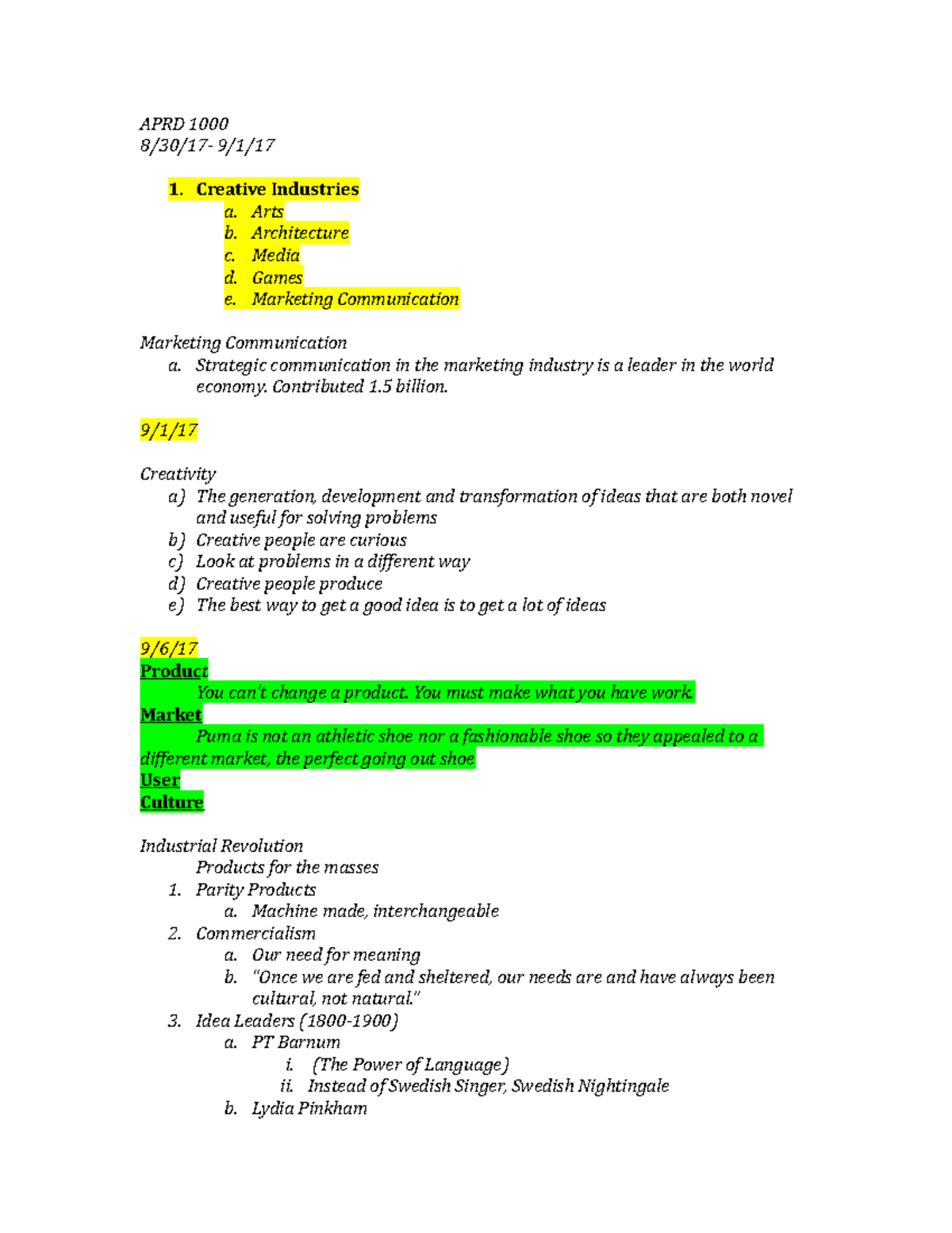 APRD 1000 83017 - Lecture notes from start of class - APRD 1000 8/30/17 ...