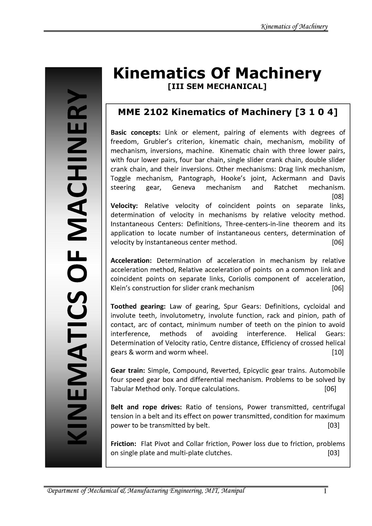 01 Basic Concepts V2 Notes - Kinematics Of Machinery [III SEM ...