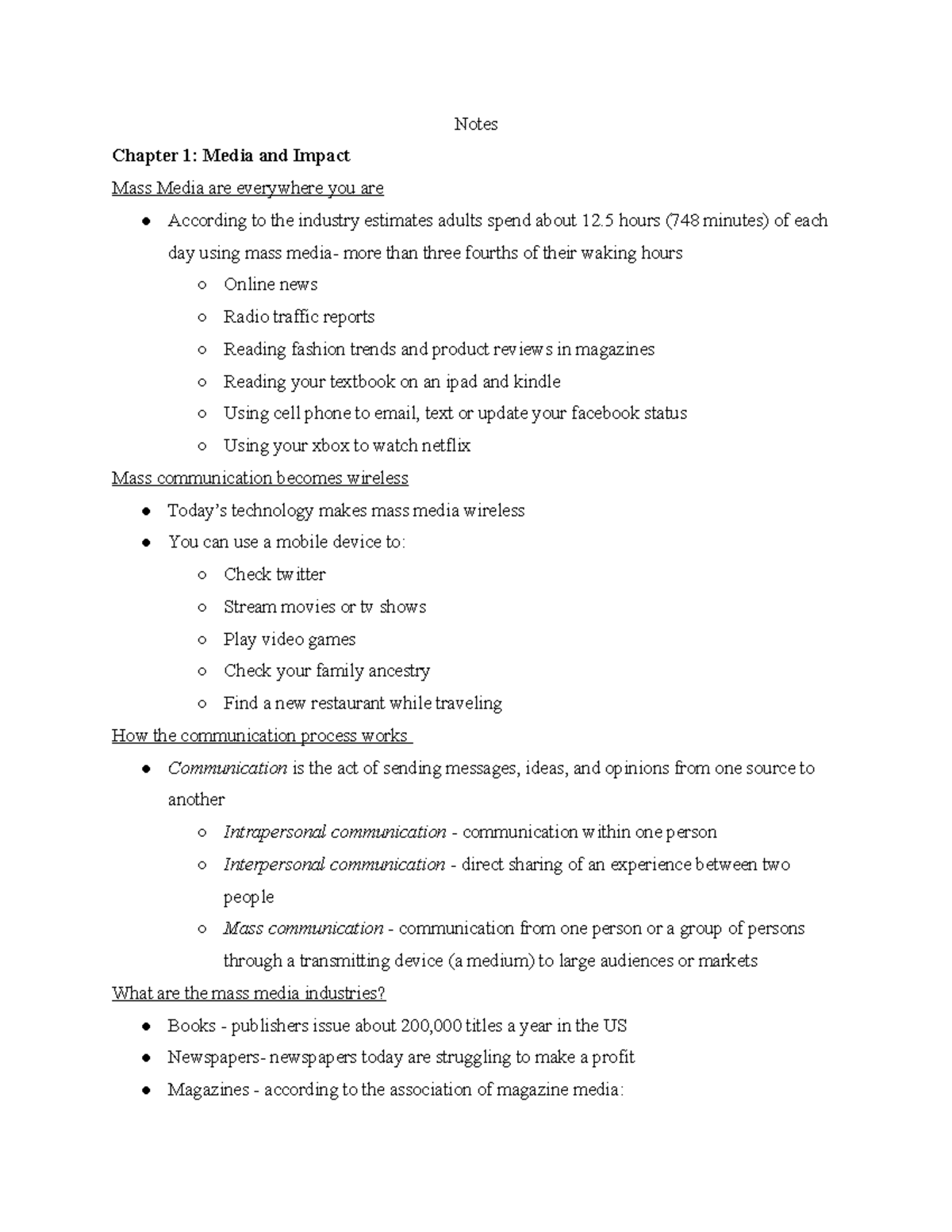 Notes - Rebecca Pendergrass's Mass Media and Society - Notes Chapter 1 ...