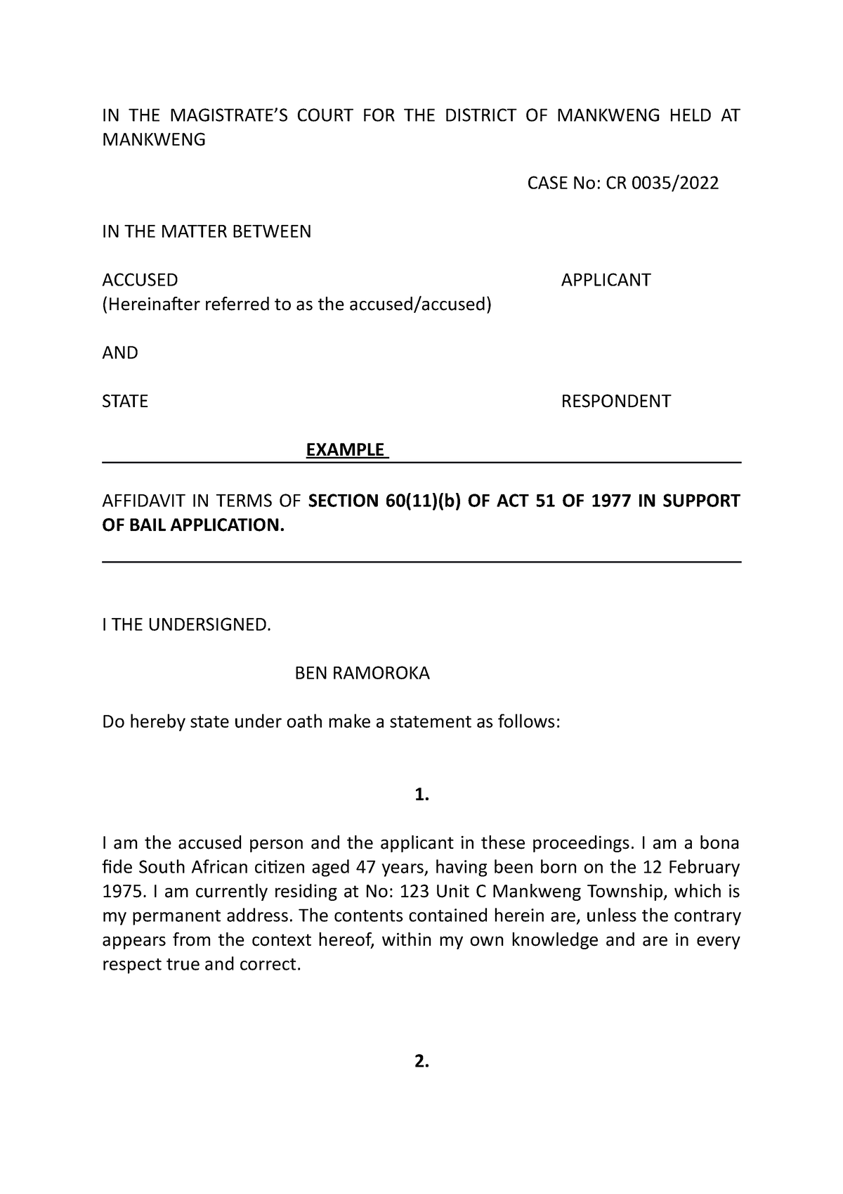 Example Of A Bail Affidavit In Terms Of Section 60 FOR Students - IN ...