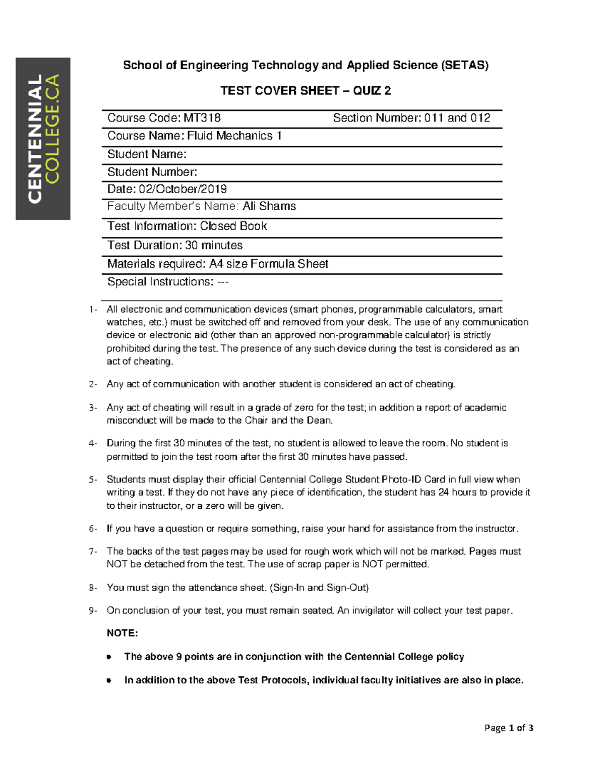 Quiz 2 - Quiz no. 2 - Page 1 of 3 School of Engineering Technology and ...