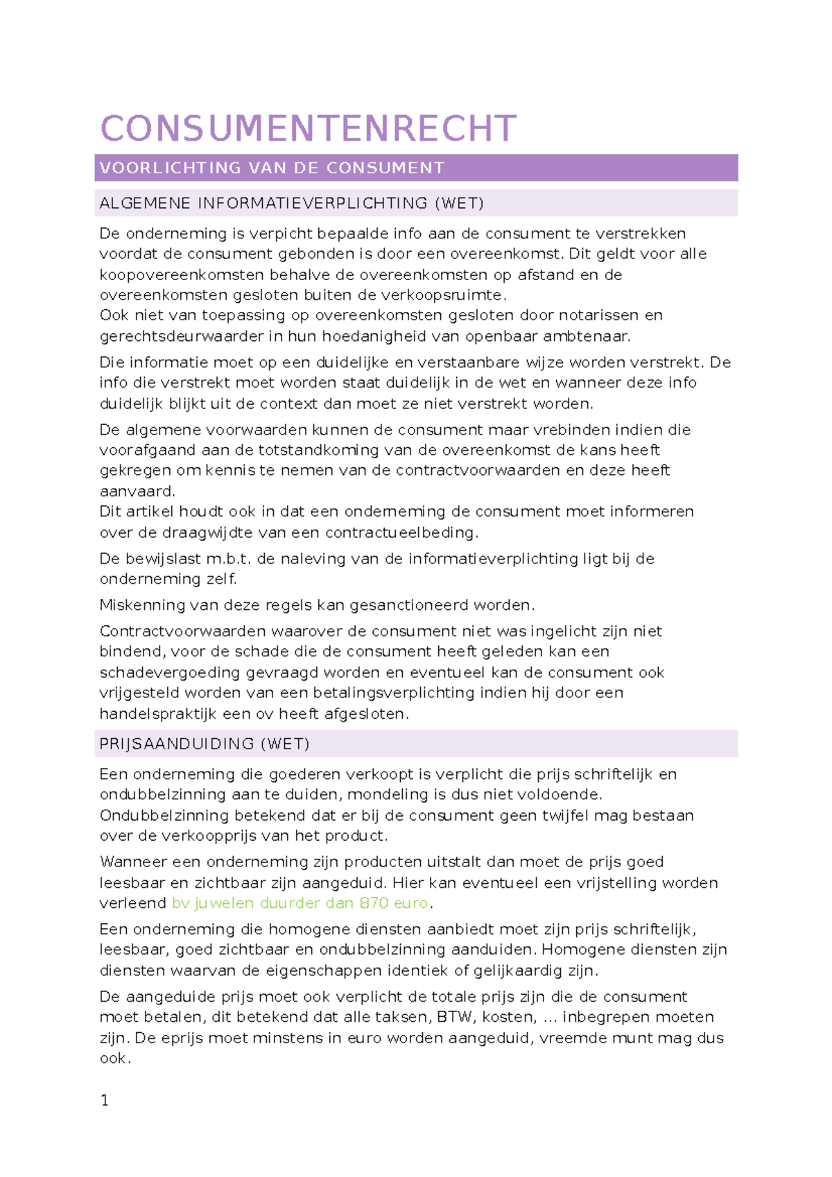 Samenvatting - CONSUMENTENRECHT VOORLICHTING VAN DE CONSUMENT ALGEMENE ...