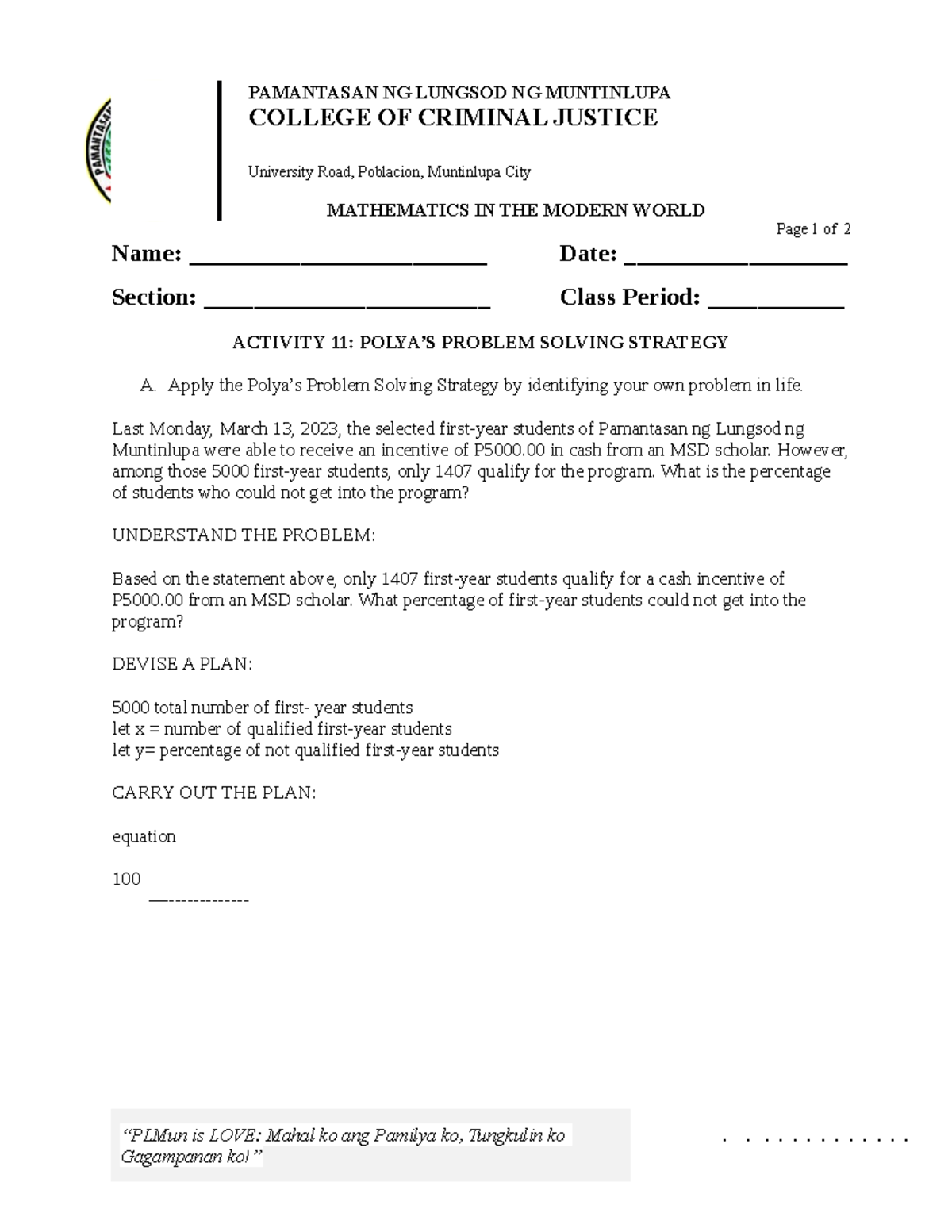 Activity 11. Polya’s Problem Solving Strategy - PAMANTASAN NG LUNGSOD ...