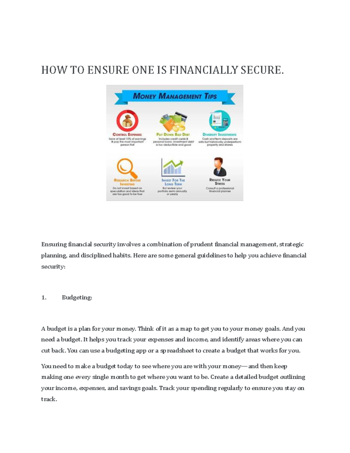 Money management - HOW TO ENSURE ONE IS FINANCIALLY SECURE. Ensuring ...