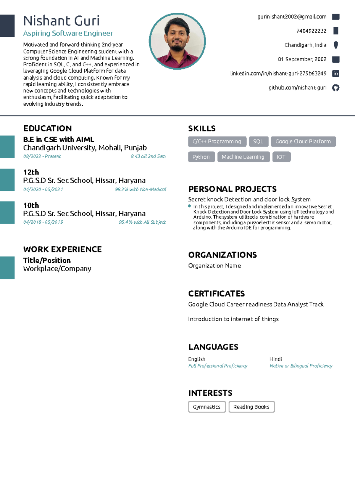 Nishant's Resume - Nishant Guri Aspiring Software Engineer Motivated ...