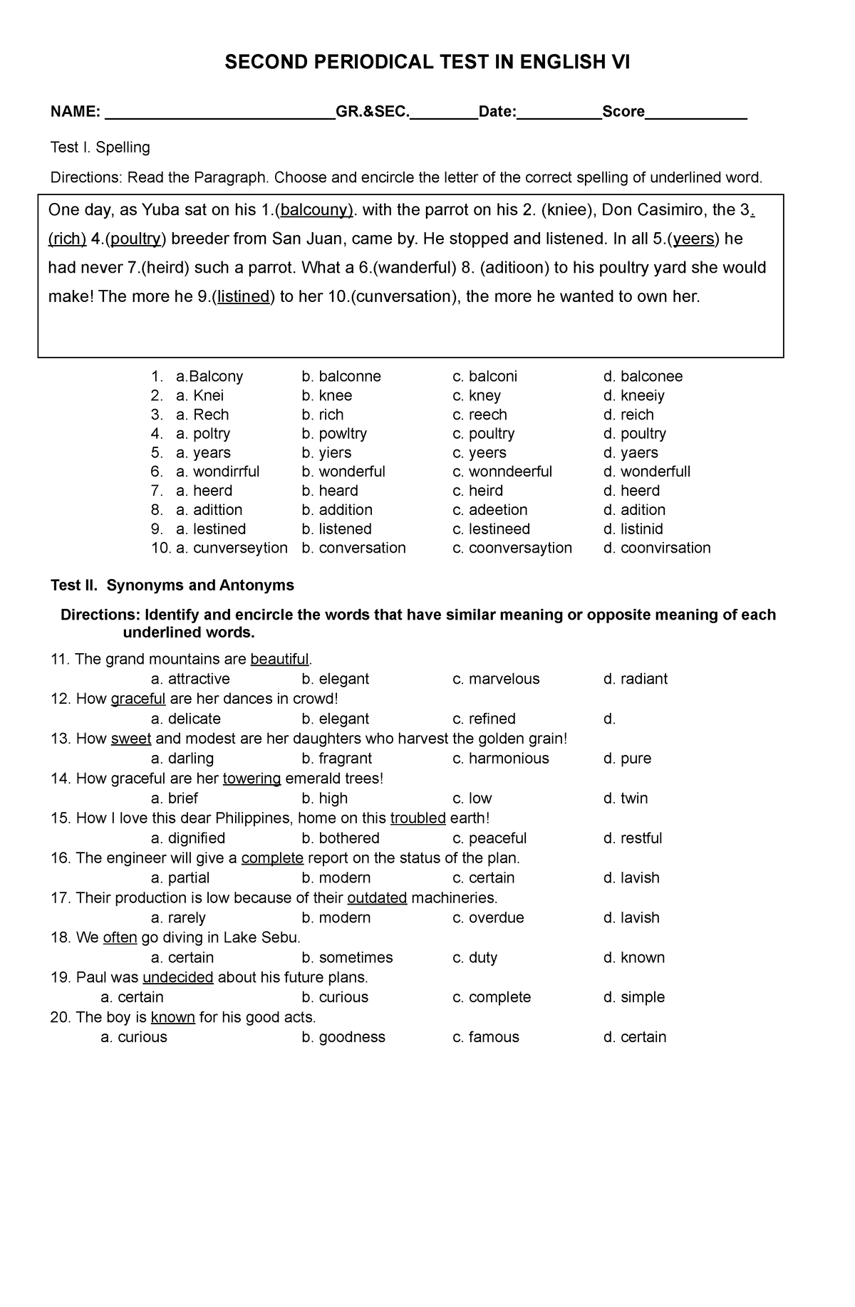 Test I - Test In English - Second Periodical Test In English Vi Name 