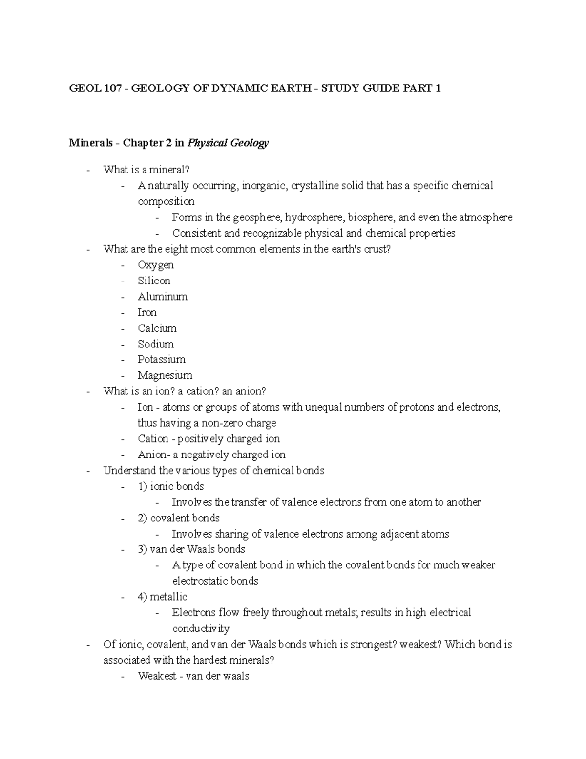 Copy Of Exam 1 Study Guide - GEOL 107 - GEOLOGY OF DYNAMIC EARTH ...