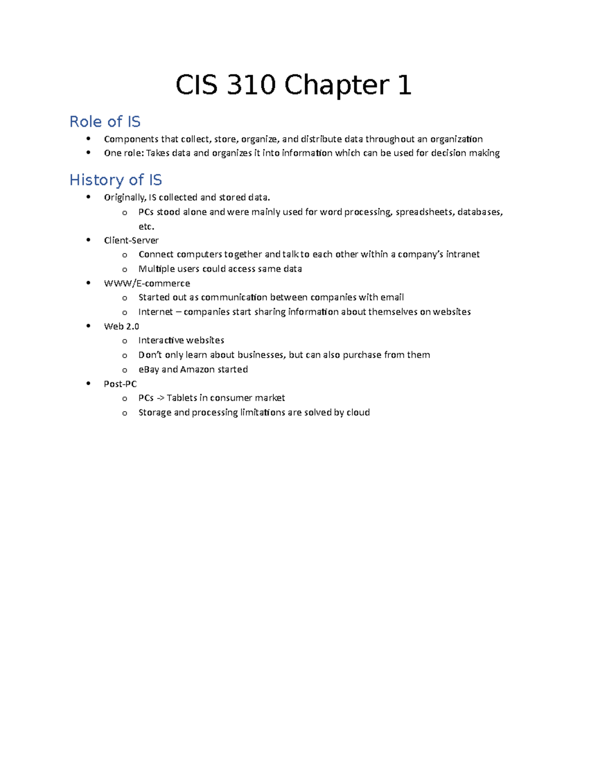 CIS 310 Chapter 1 - Lecture And Book Notes Covering Ch1 - CIS 310 ...