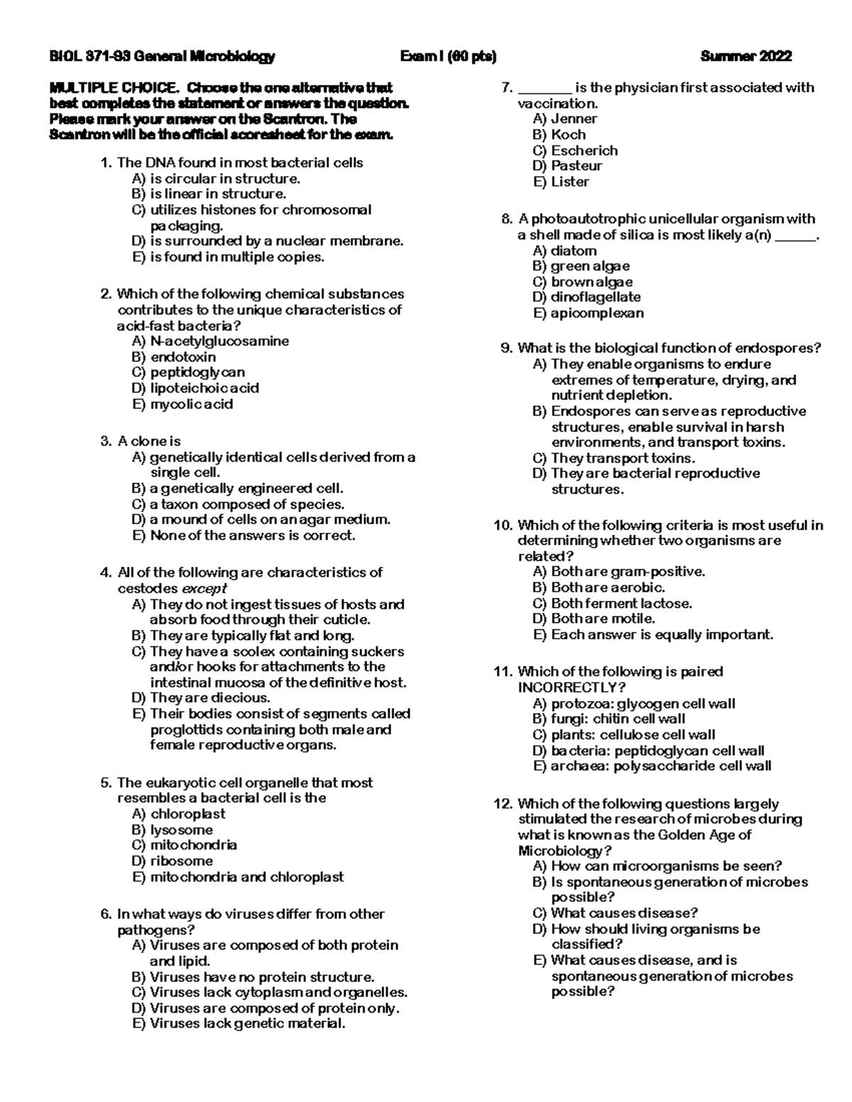 Microbiology Exam One Practice Test #1 - BIOL 371-93 General ...