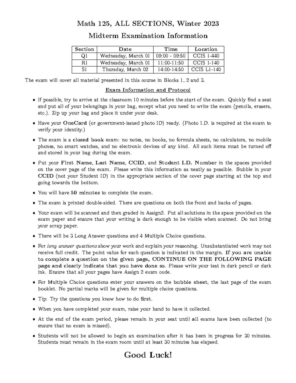 M125Q1Midterm Information - Math 125, ALL SECTIONS, Winter 2023 Midterm ...
