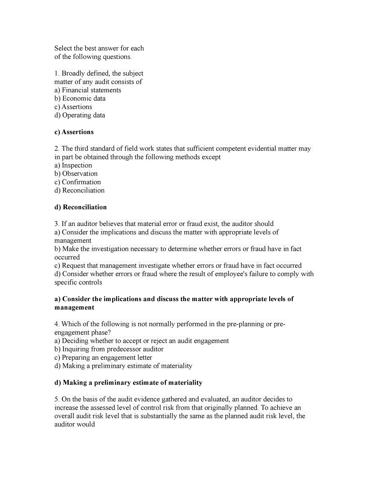 Auditing Theory Test Banks 2 - Select The Best Answer For Each Of The ...