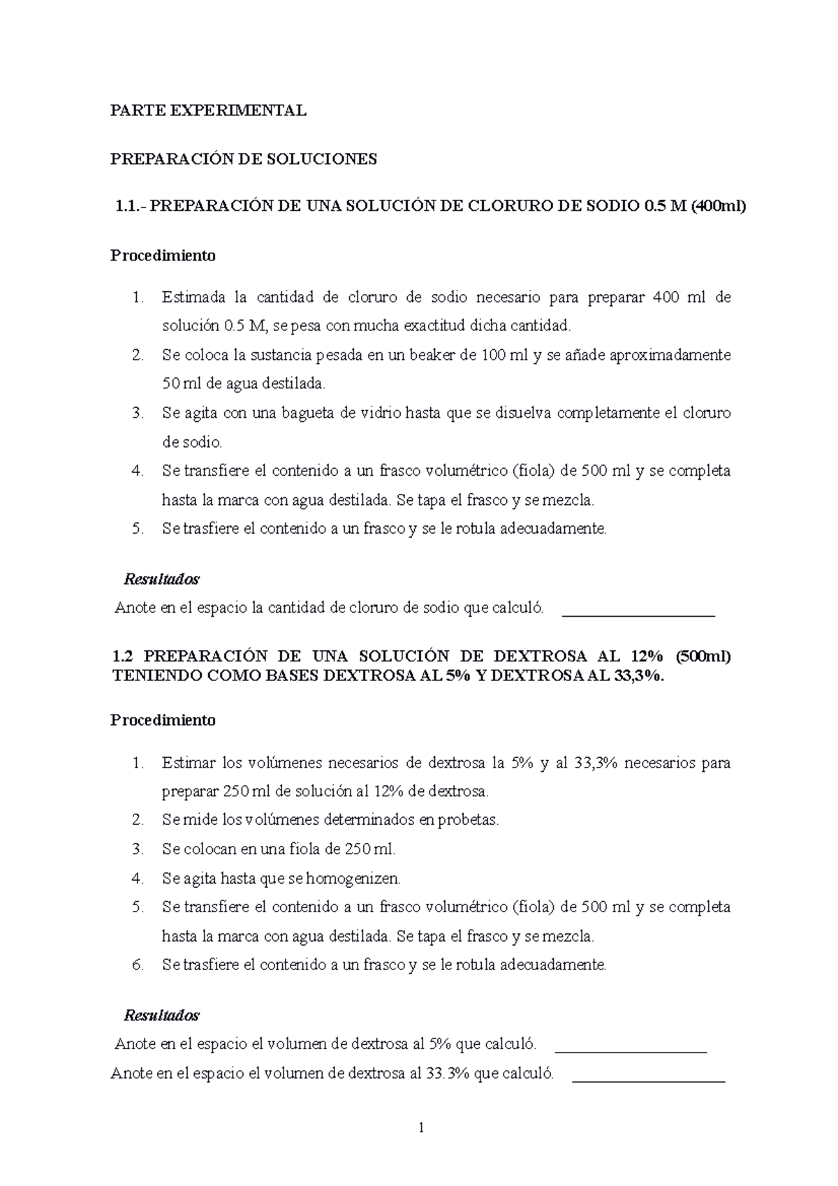 Práctica 1 Soluciones Odontología - PARTE EXPERIMENTAL PREPARACIÓN DE ...
