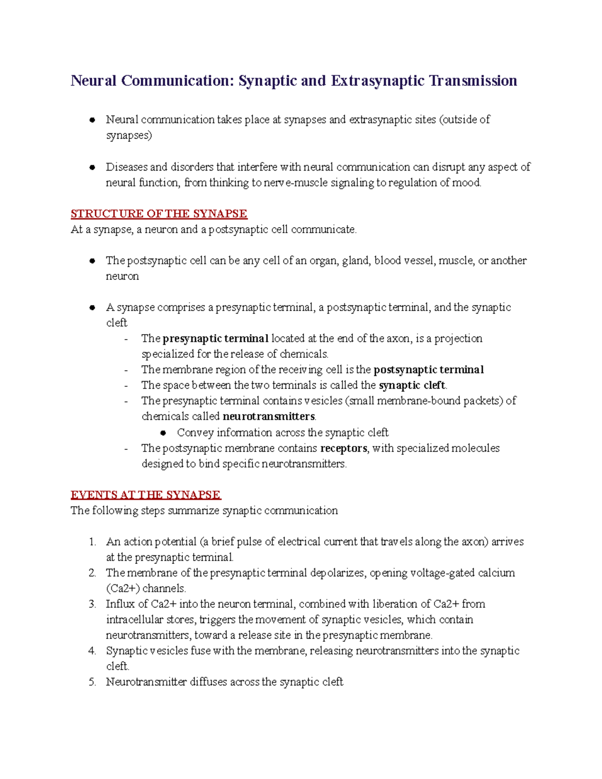 Ch. 6 notes - neuro ch. 6 - Neural Communication: Synaptic and ...