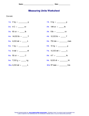 Measurement Units Worksheet - Name: Date: - Studocu