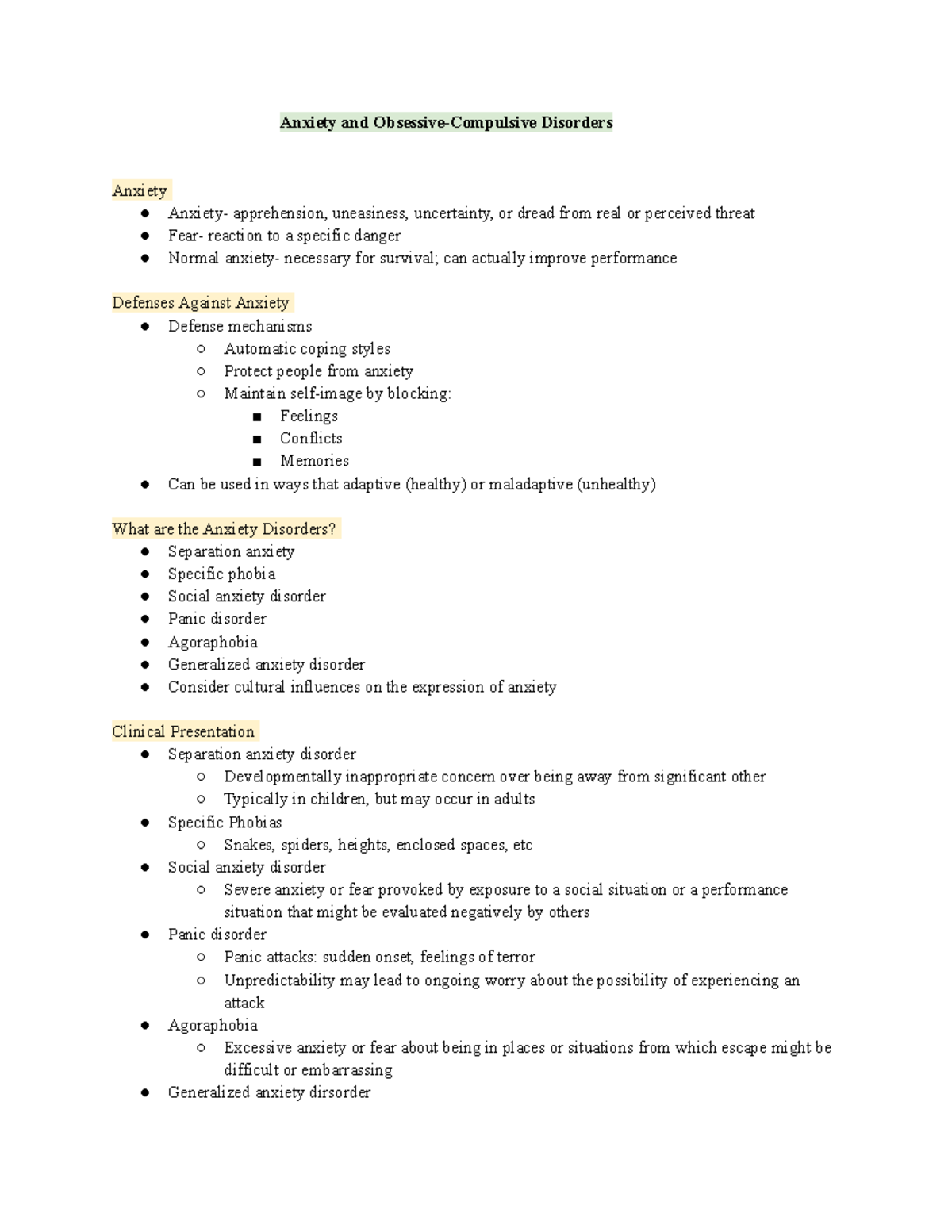 Psych Chapter 15 - Anxiety And Obsessive-Compulsive Disorders Anxiety ...