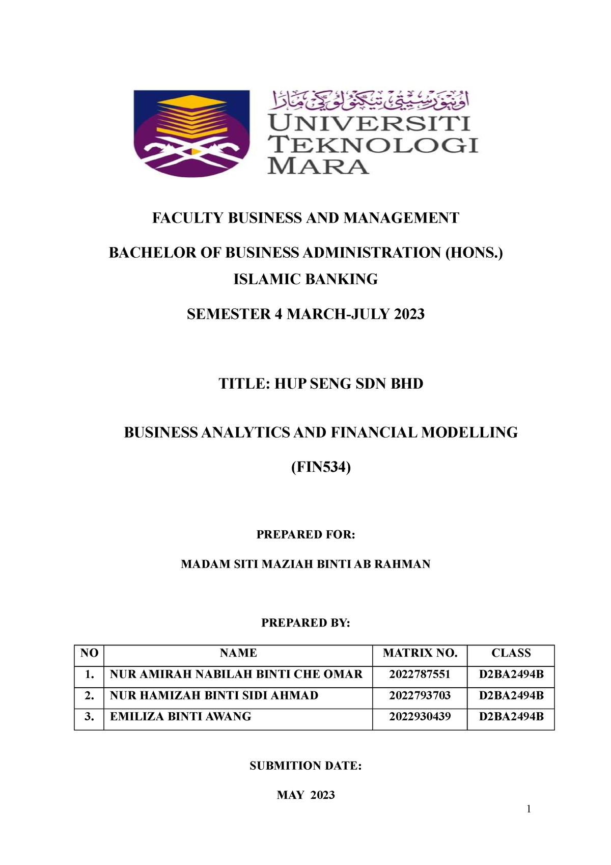 FIN534 Hupseng Industries Berhad - FACULTY BUSINESS AND MANAGEMENT ...