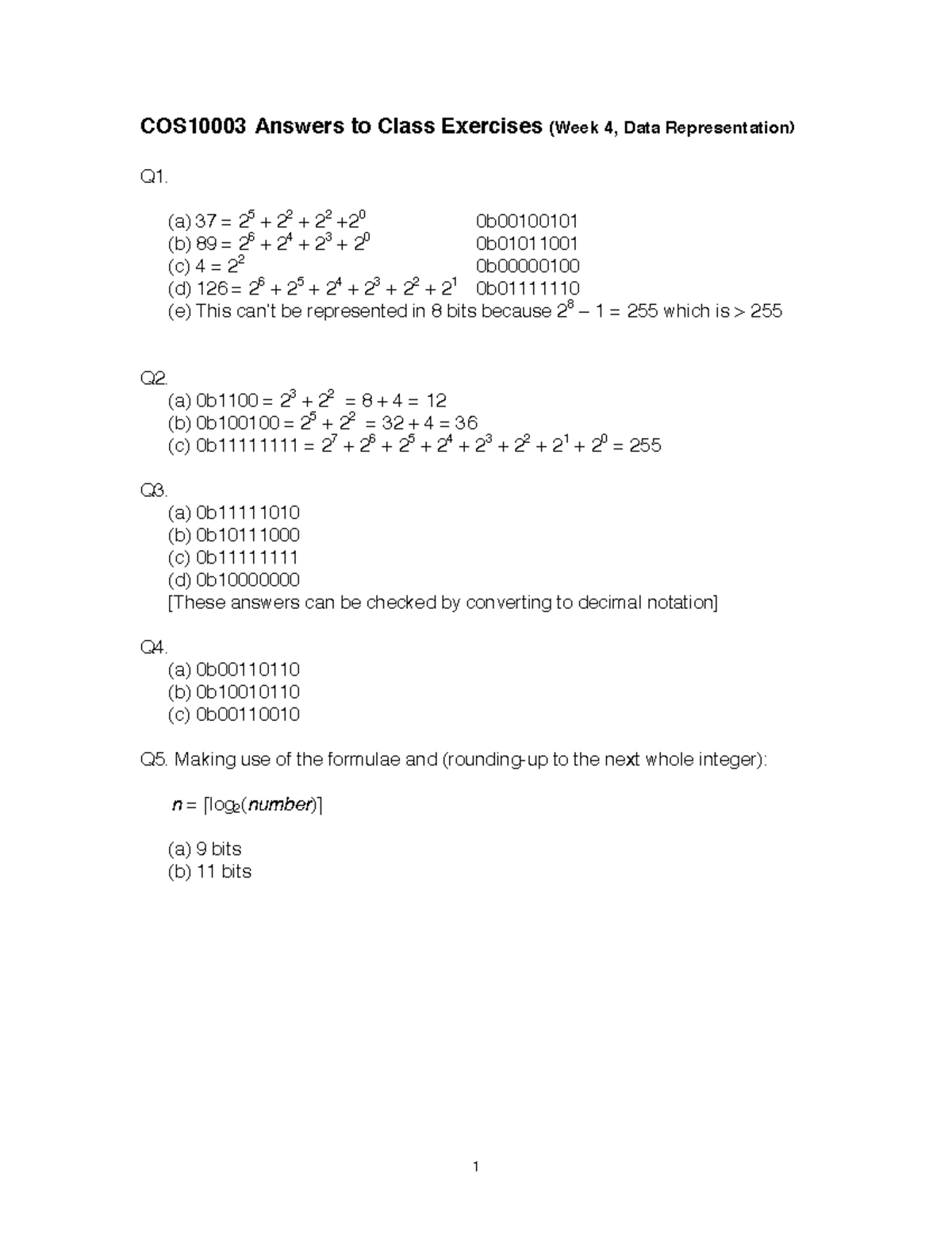 Tutorial Work 4 1 Cos10003 Answers To Class Exercises Week 4 Data Representation Q1 A Tutorial Work 4 1 Cos10003 Answers To Class Exercises Week 4 Data Representation Q1 A